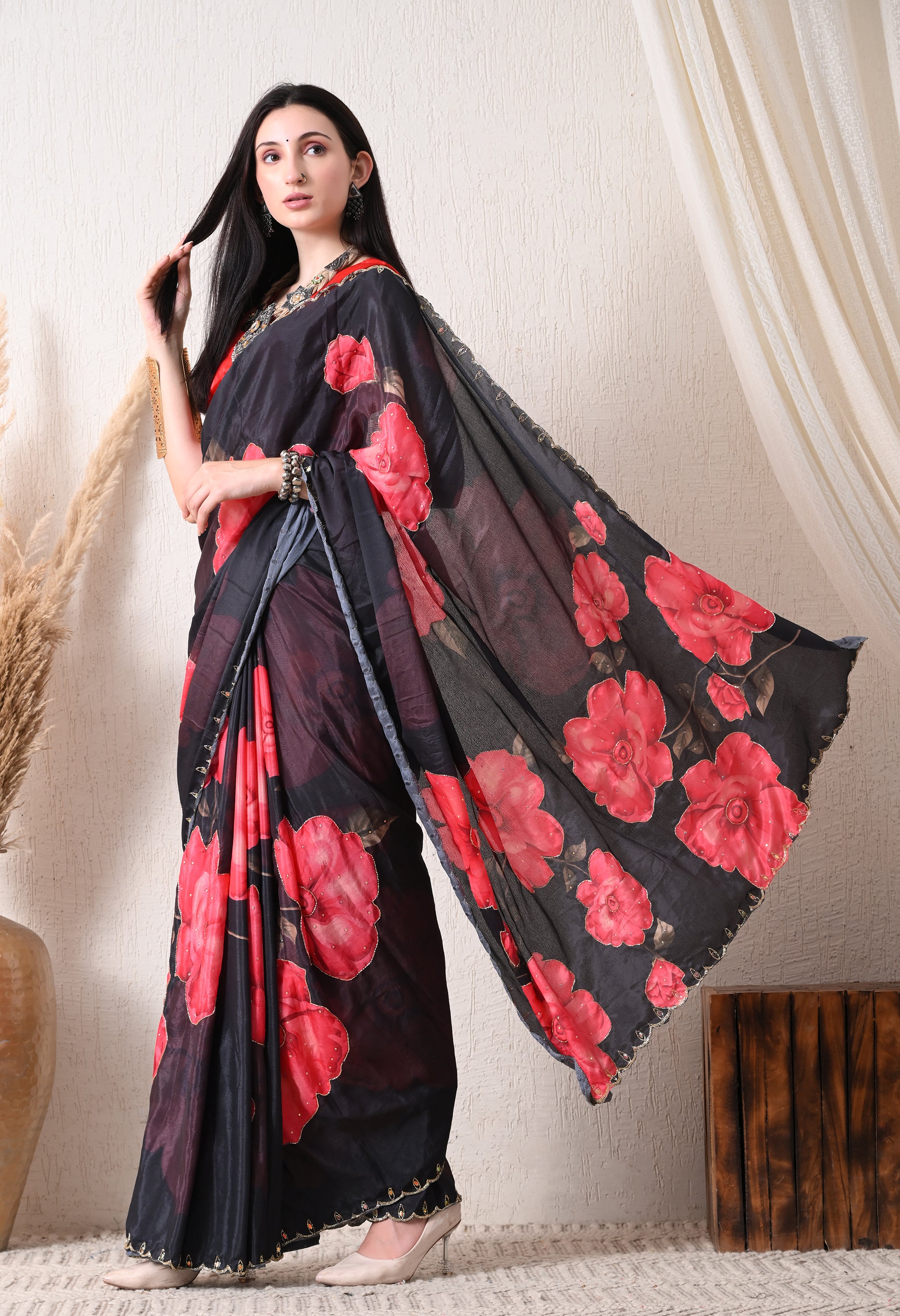 Digital Printed Black Georgette Saree