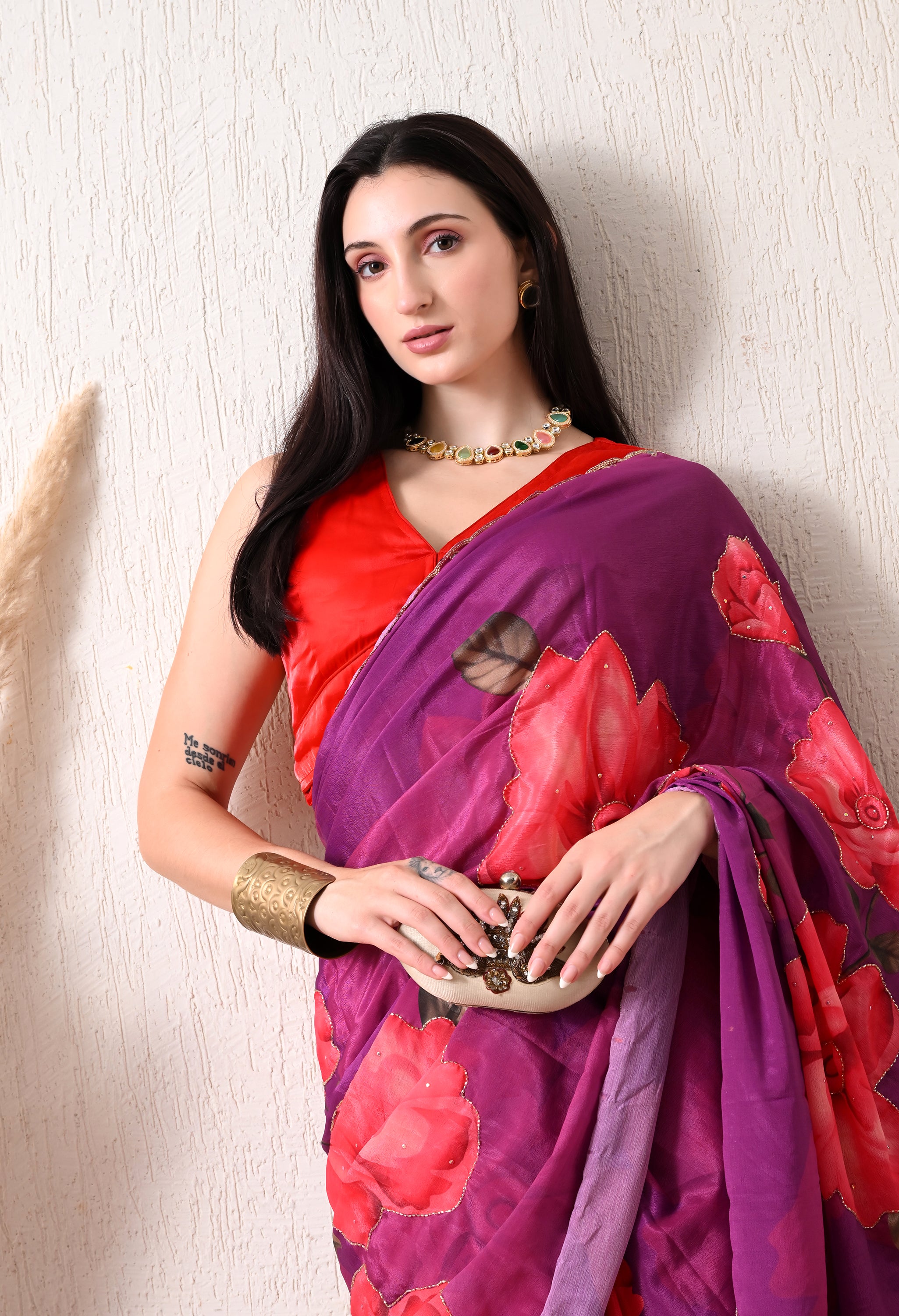 Digital Printed Purple Georgette Saree