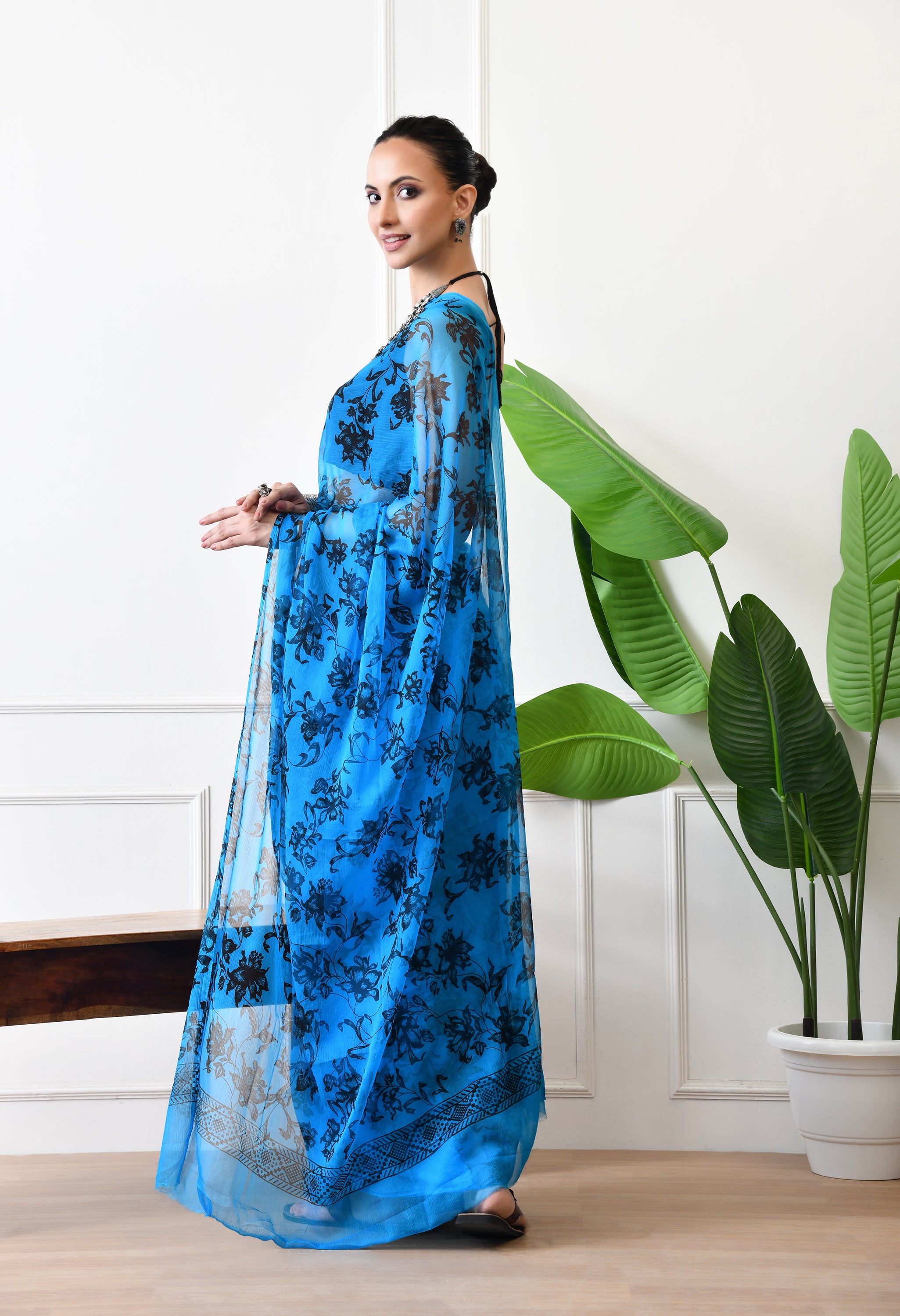 Printed Blue Chiffon Saree