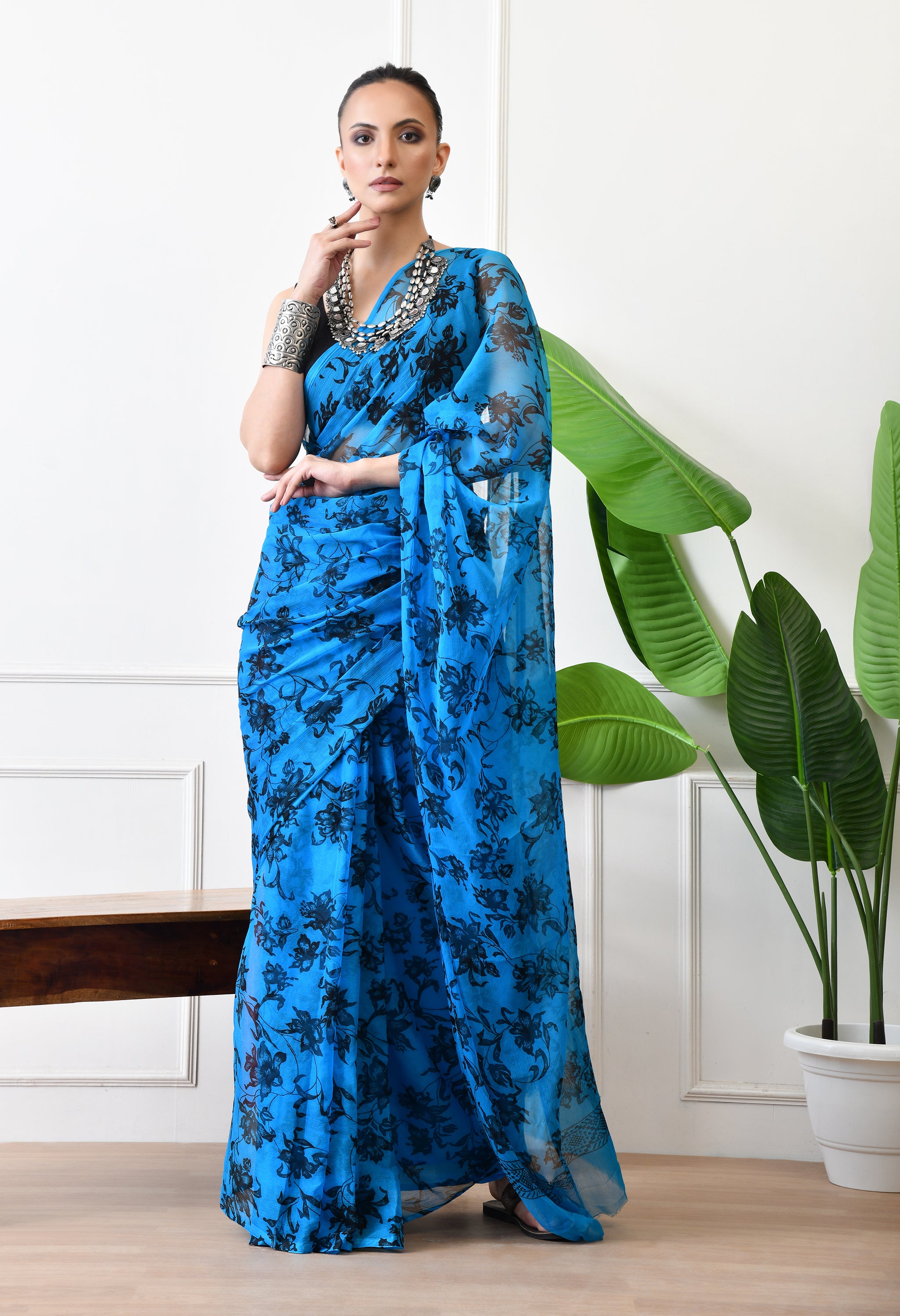 Printed Blue Chiffon Saree