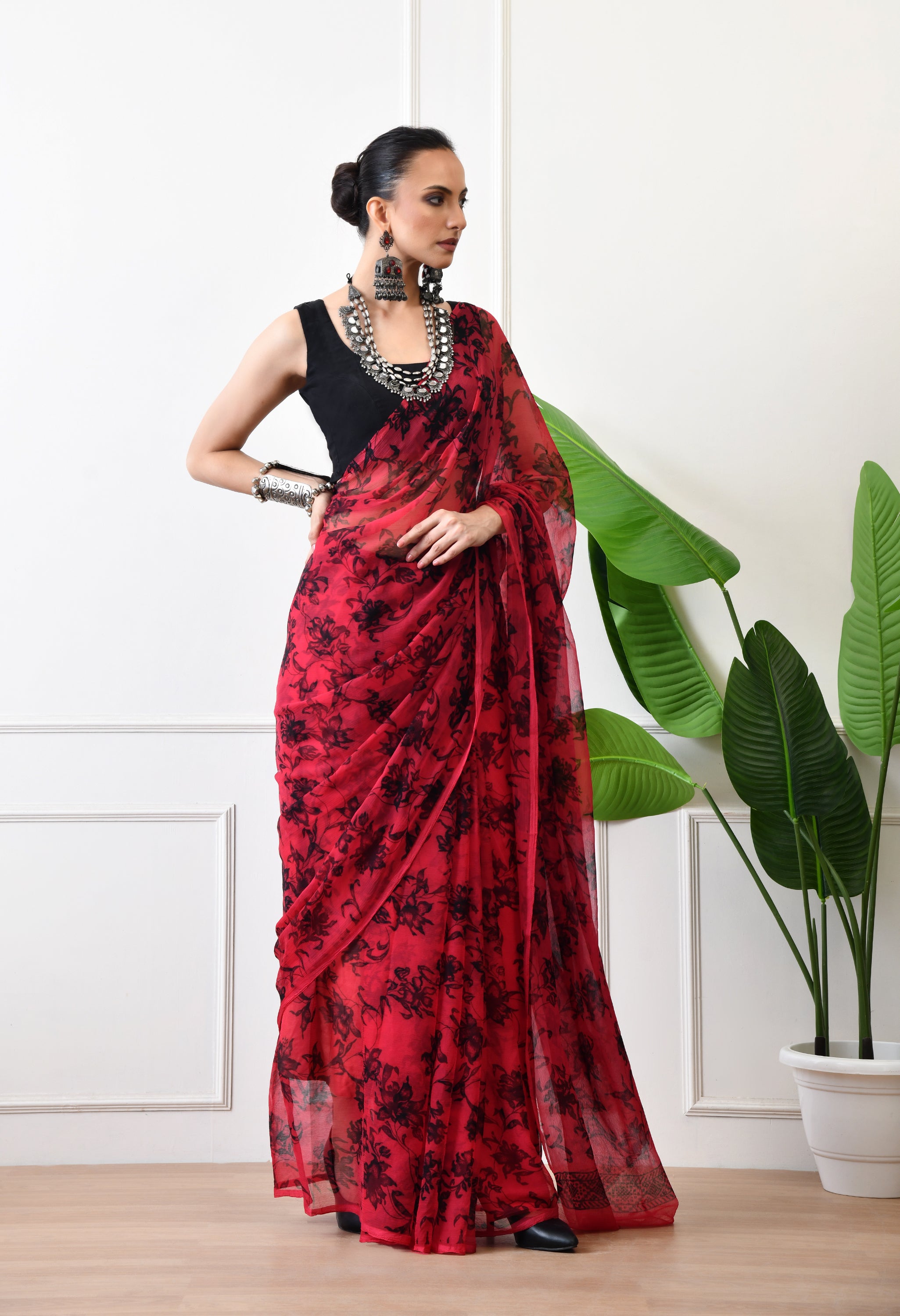 Printed Tomato Red Chiffon Saree