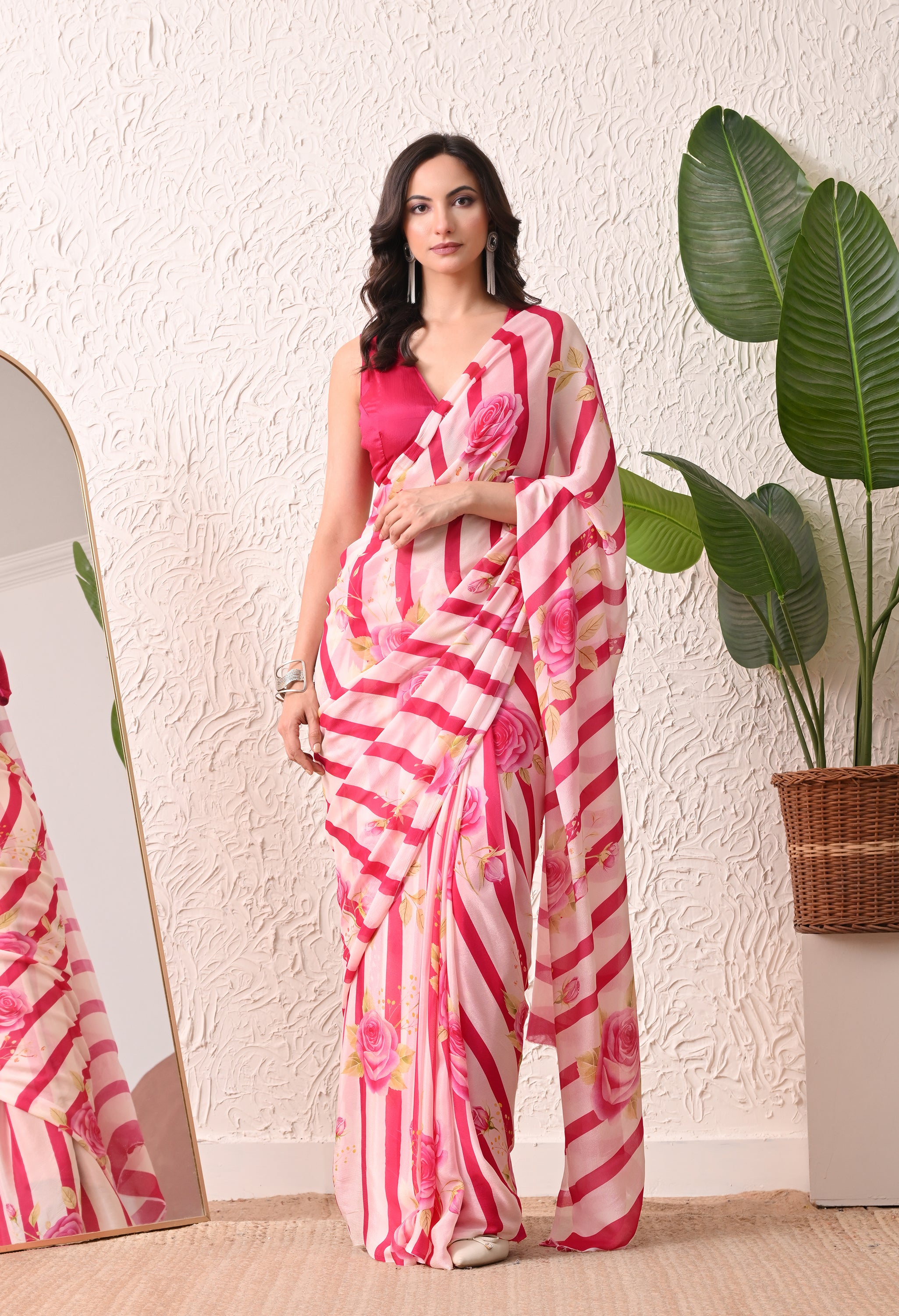 Rosy Ribbon Pure Chiffon Saree