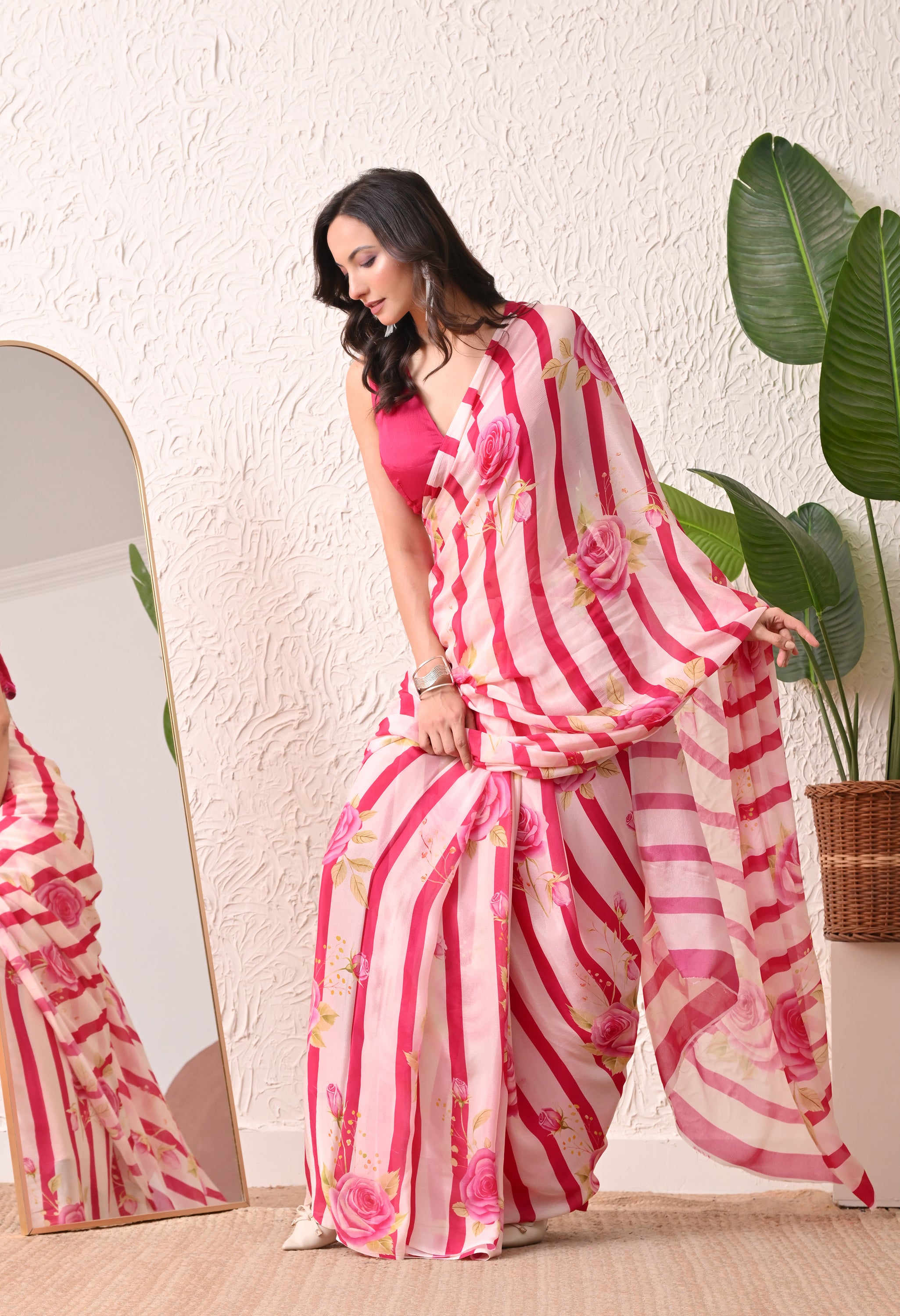 Rosy Ribbon Pure Chiffon Saree
