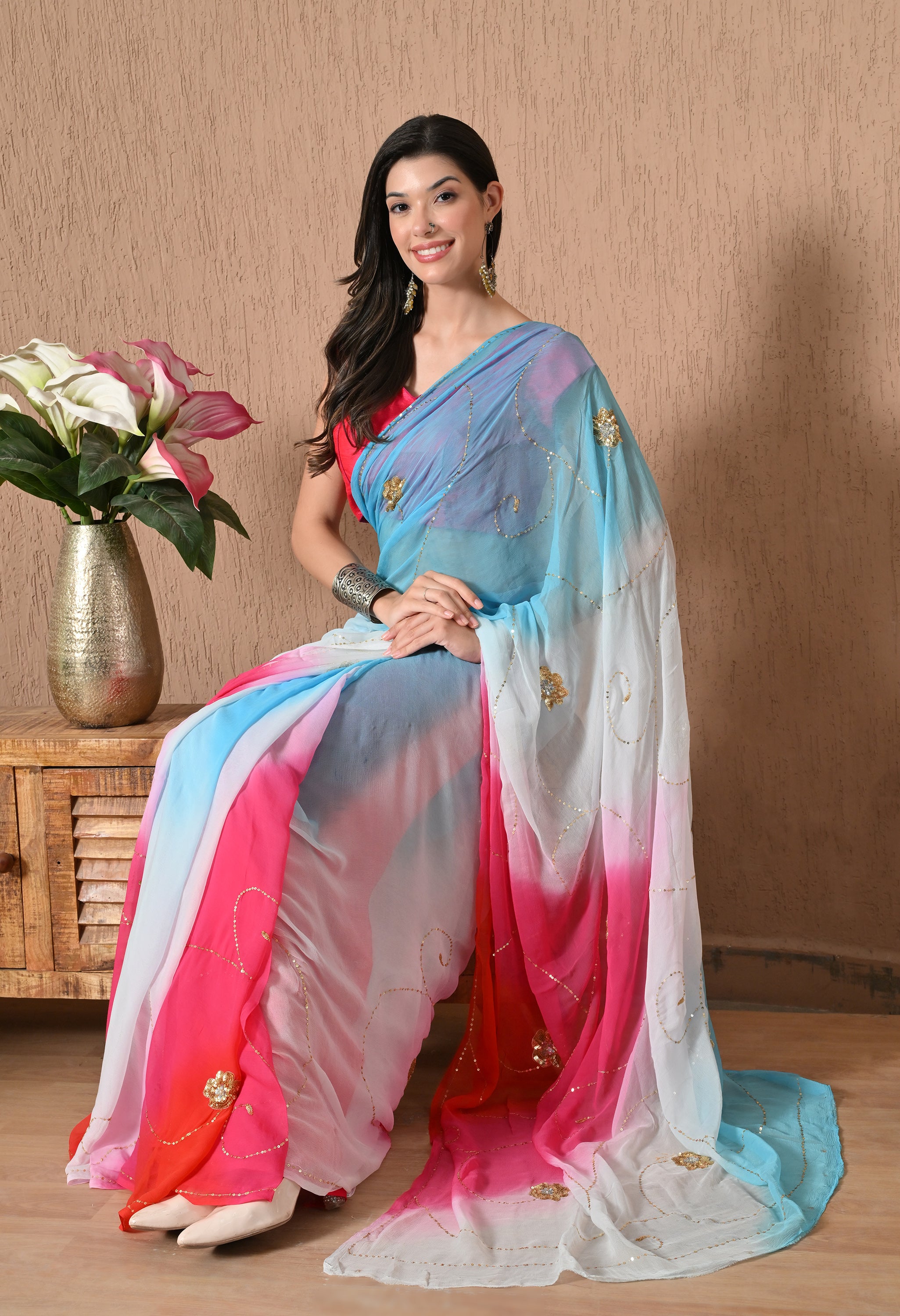 Vivid Pink Tie & Dye Sequin Diamond Chiffon Saree