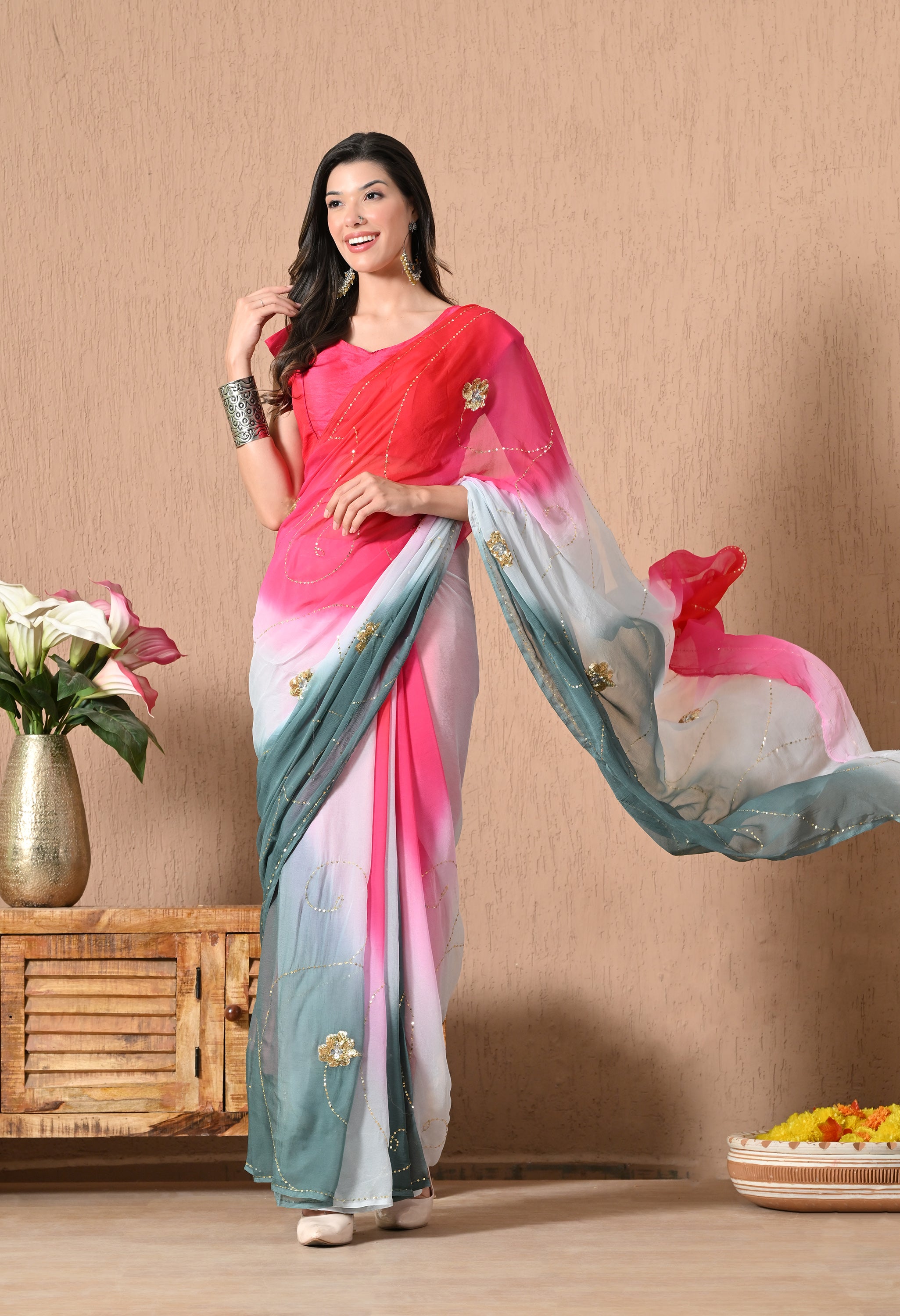 Grey Mulberry Tie & Dye Sequin Diamond Chiffon Saree