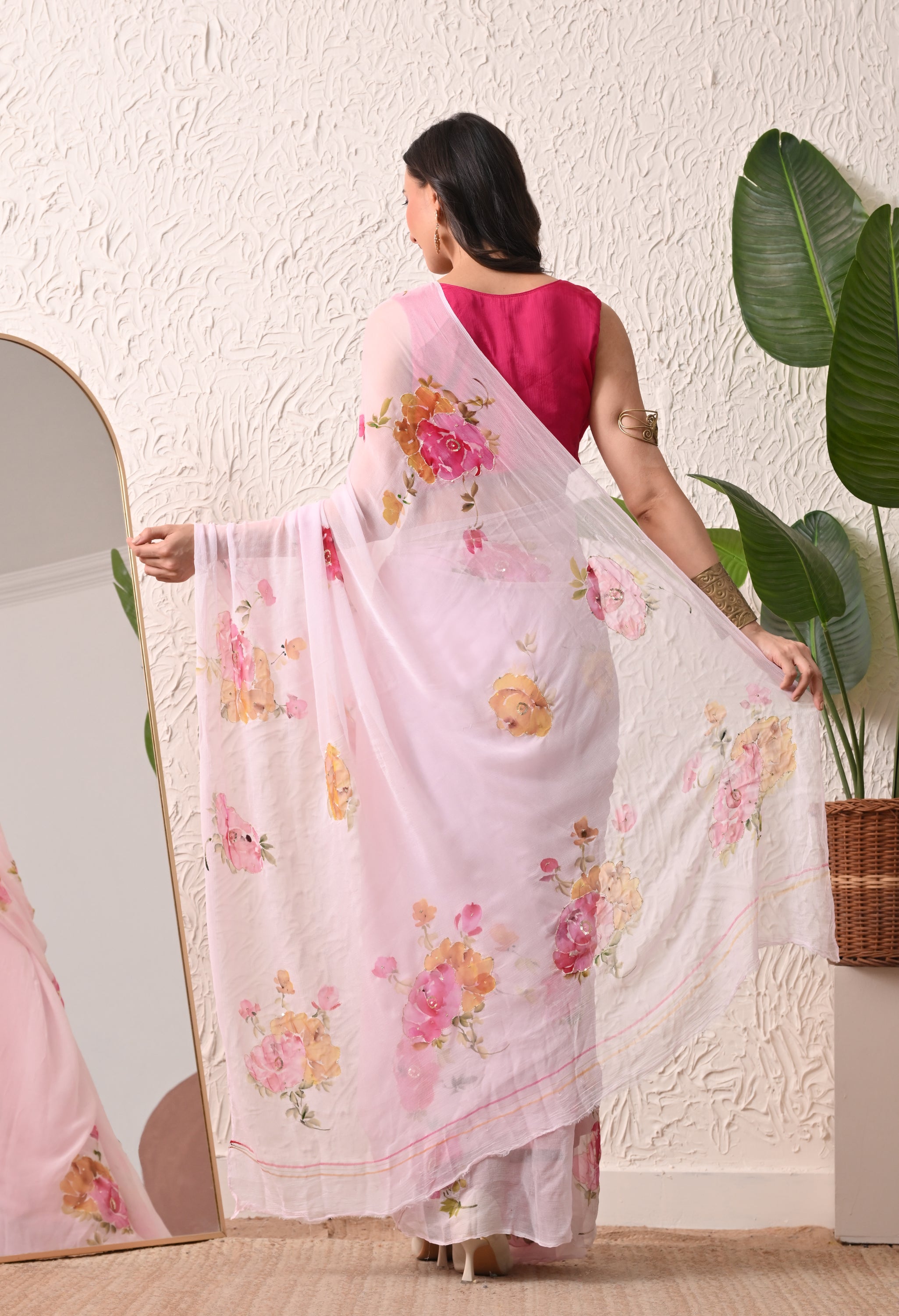 Blush Meadow Handpainted Pure Chiffon Saree