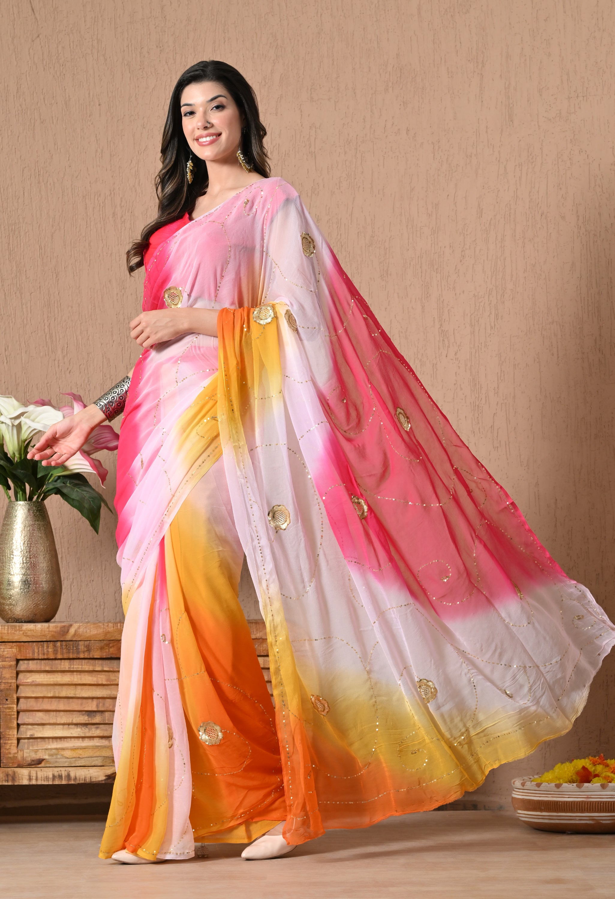 Salmon Pink Tie & Dye Sequin Diamond Chiffon Saree