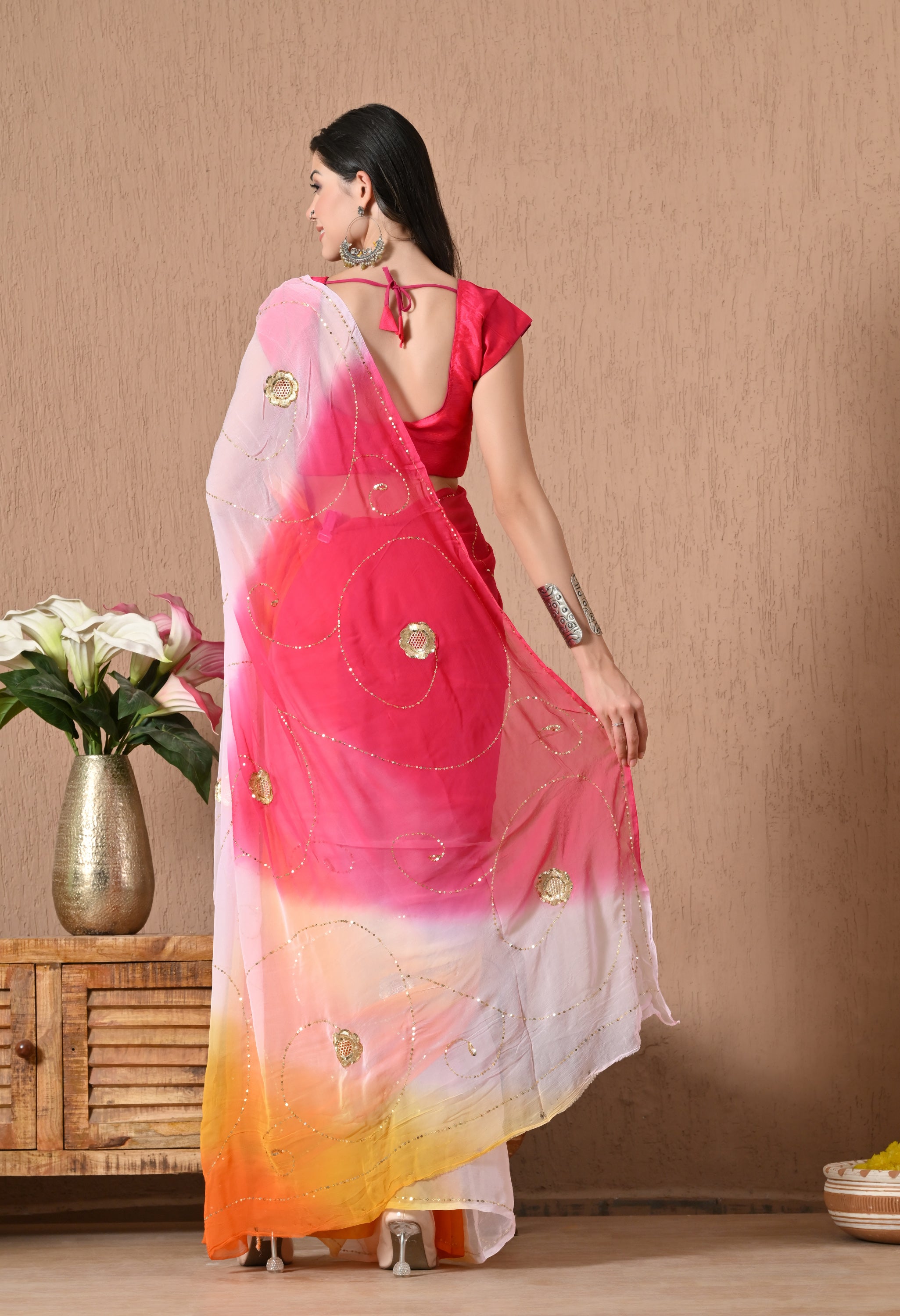 Salmon Pink Tie & Dye Sequin Diamond Chiffon Saree