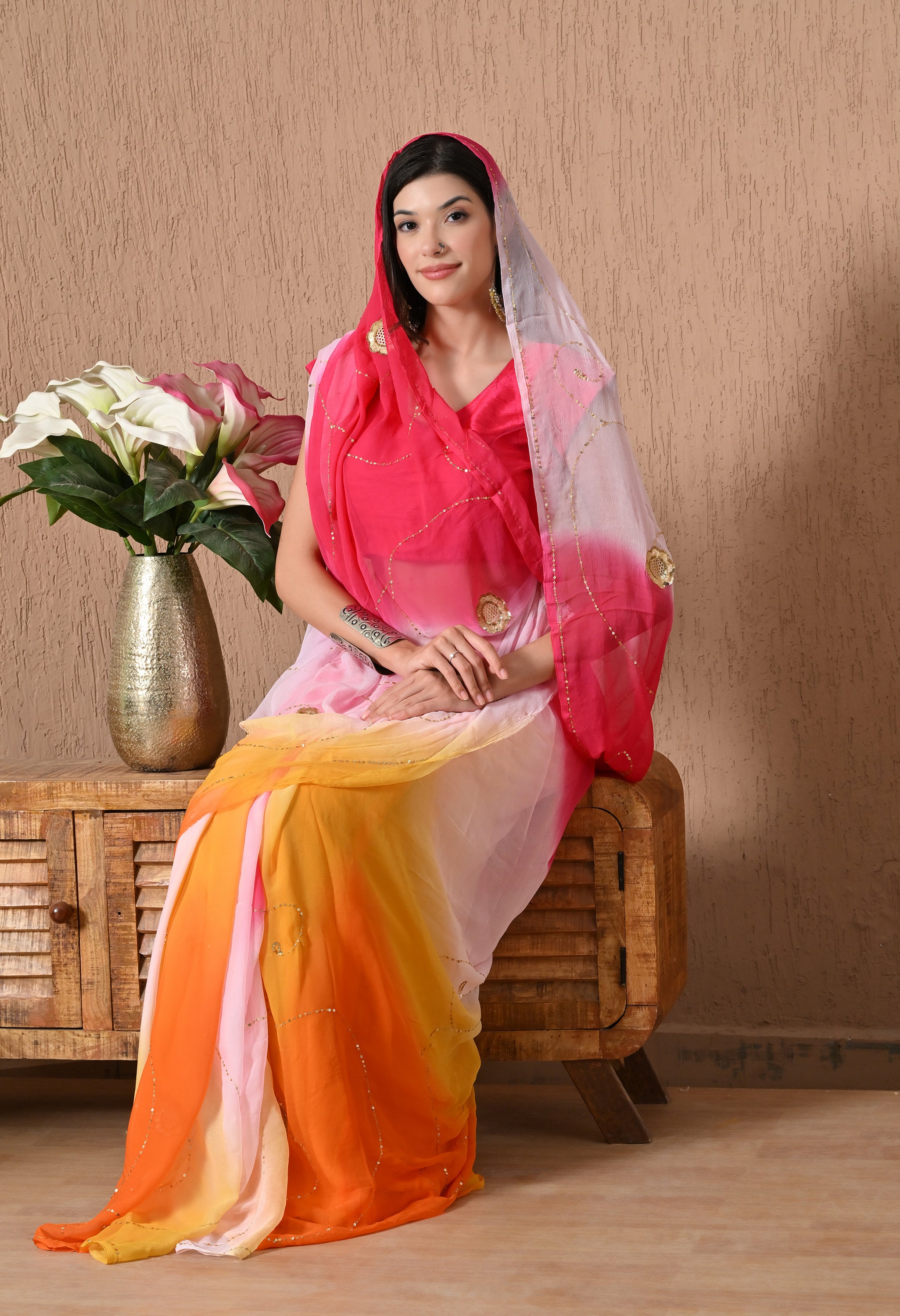 Salmon Pink Tie & Dye Sequin Diamond Chiffon Saree