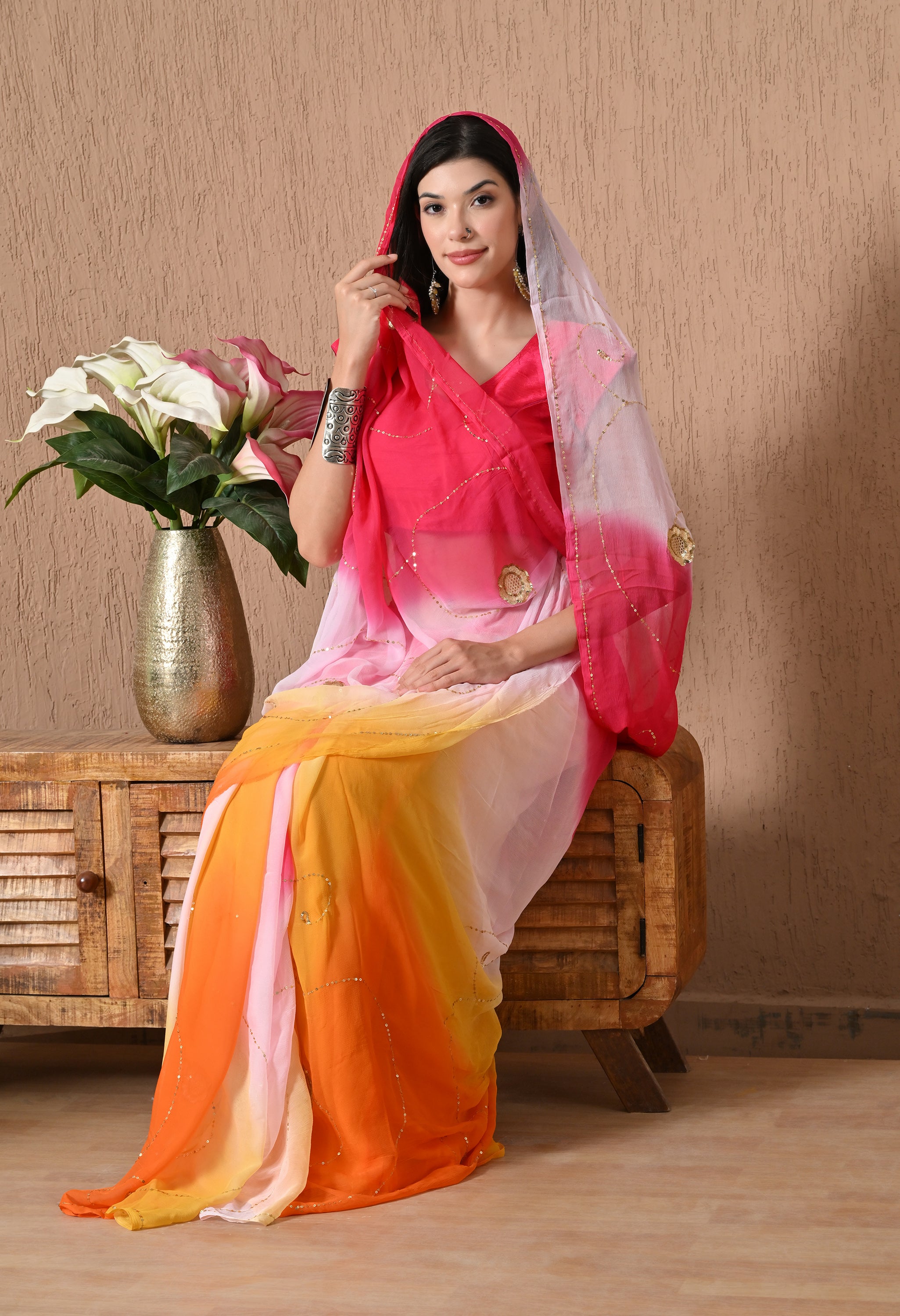 Salmon Pink Tie & Dye Sequin Diamond Chiffon Saree