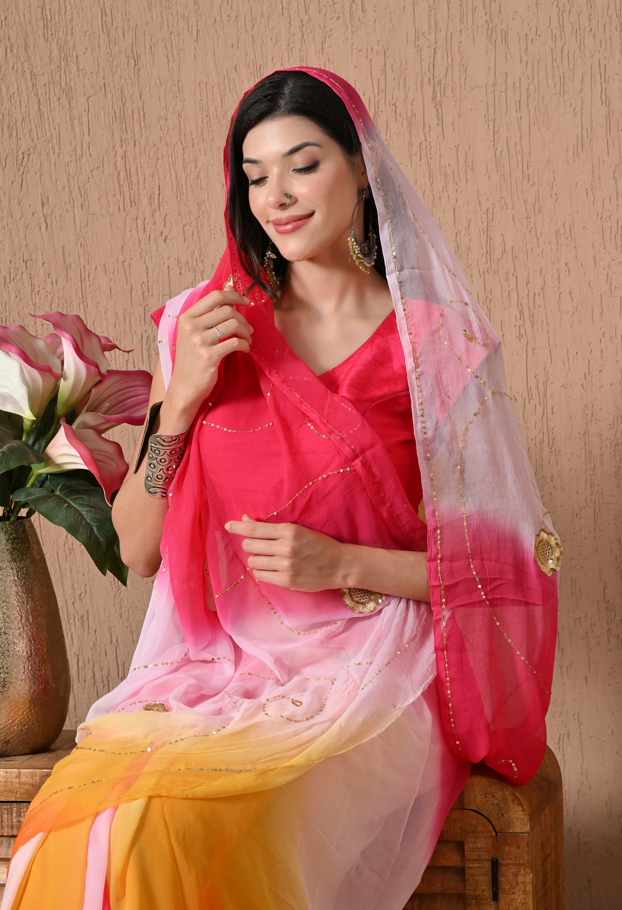 Salmon Pink Tie & Dye Sequin Diamond Chiffon Saree