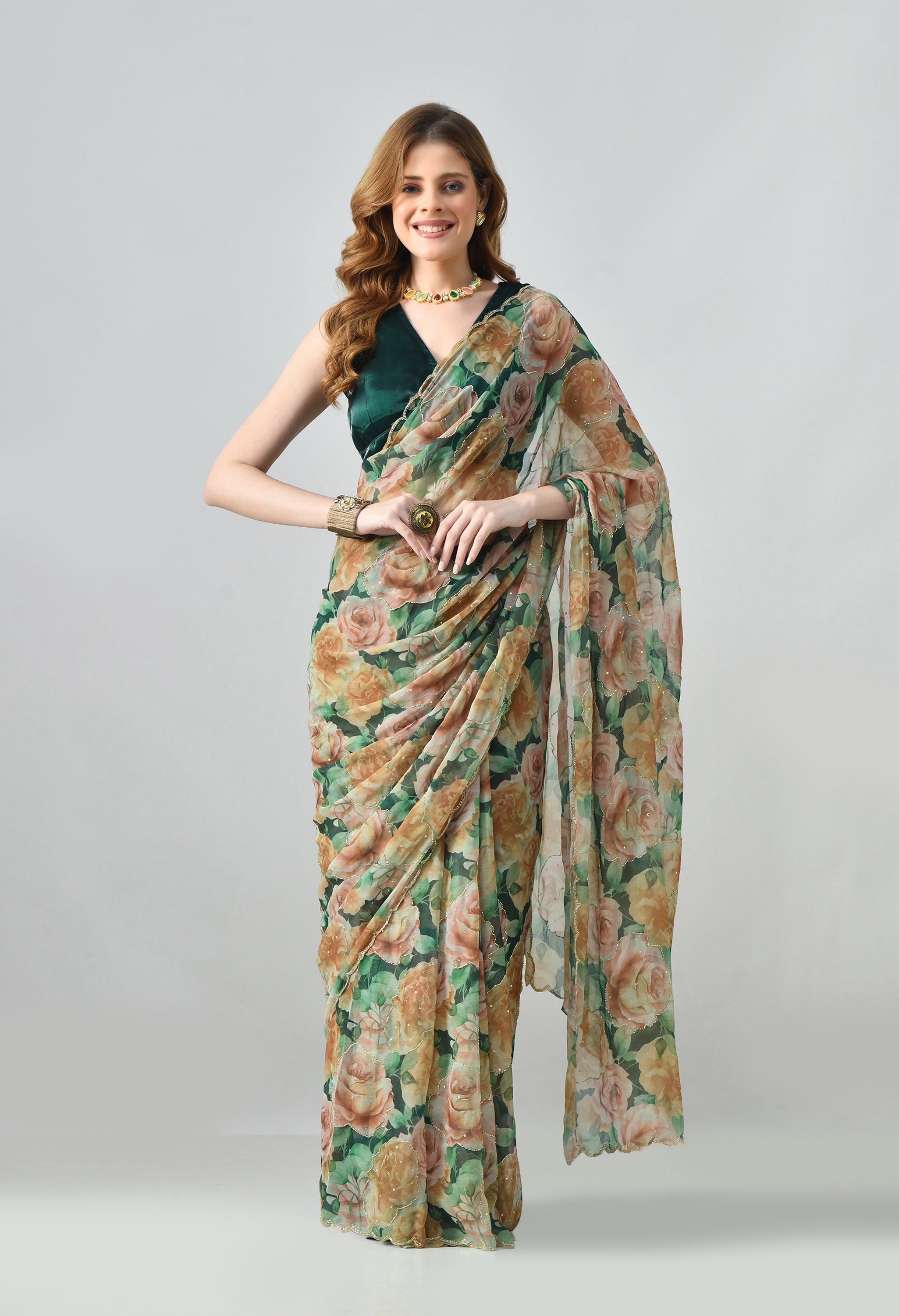 Digital Printed Green Chiffon Saree