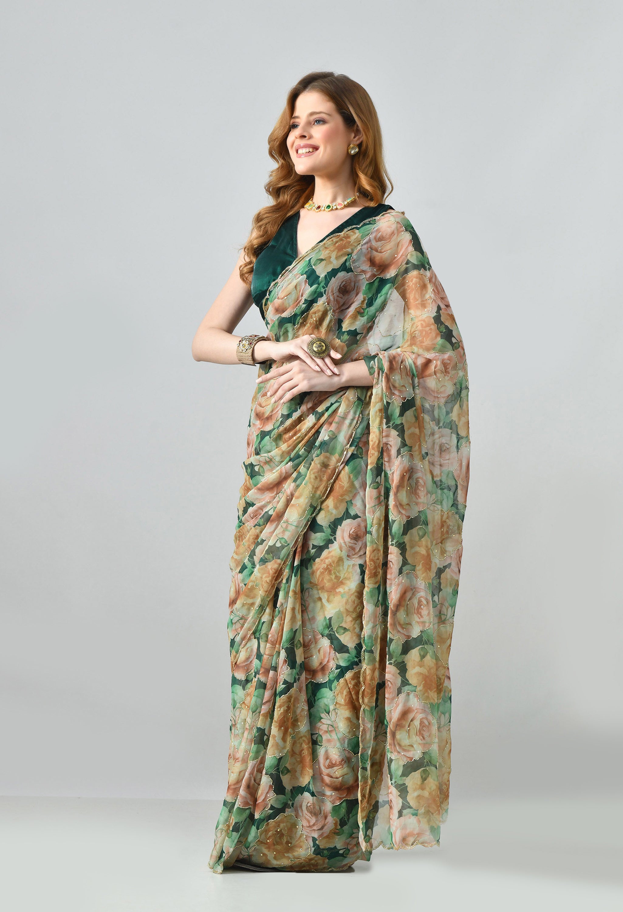 Digital Printed Green Chiffon Saree
