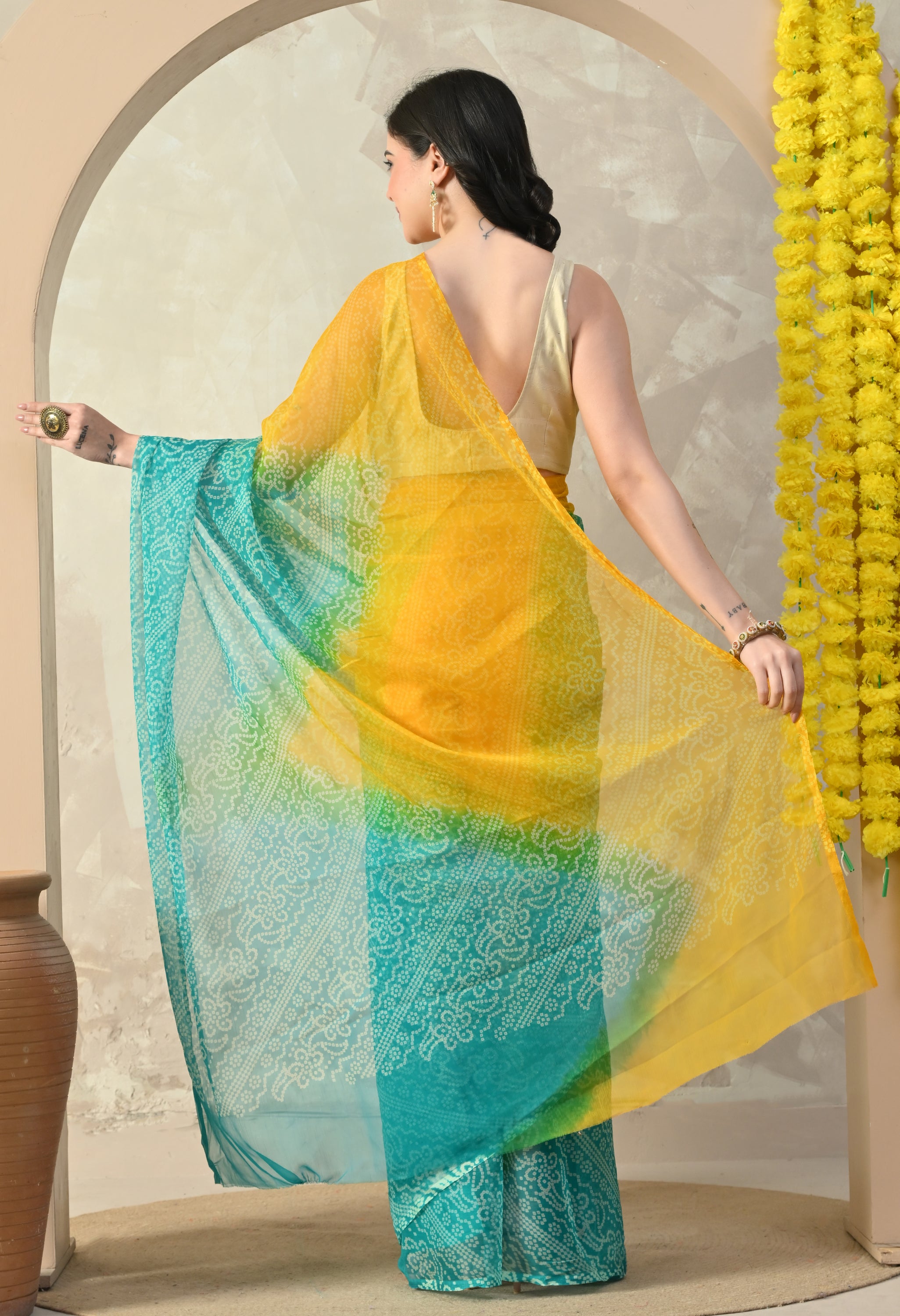 Yellow & Sea Green Chiffon Bandhani Print Saree