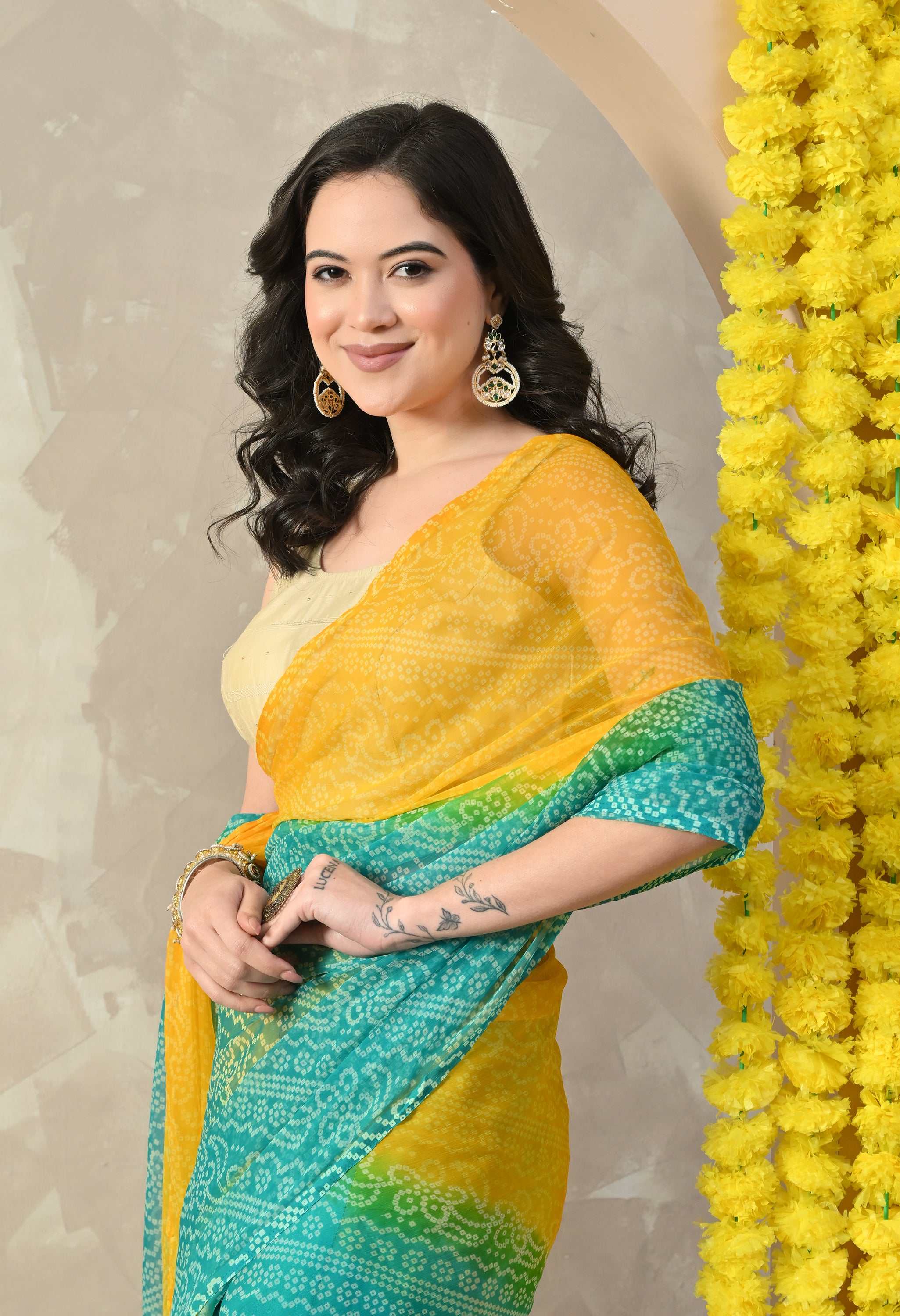 Yellow & Sea Green Chiffon Bandhani Print Saree