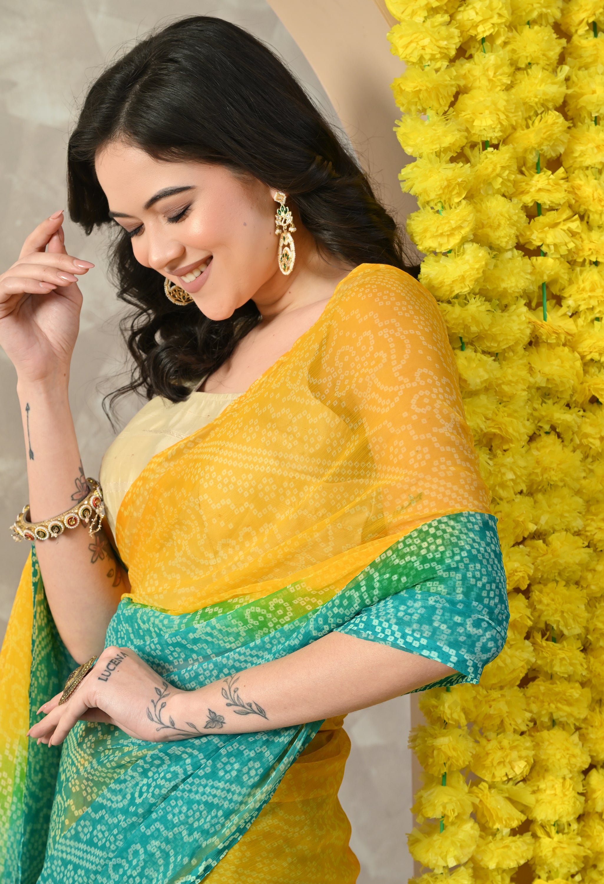 Yellow & Sea Green Chiffon Bandhani Print Saree