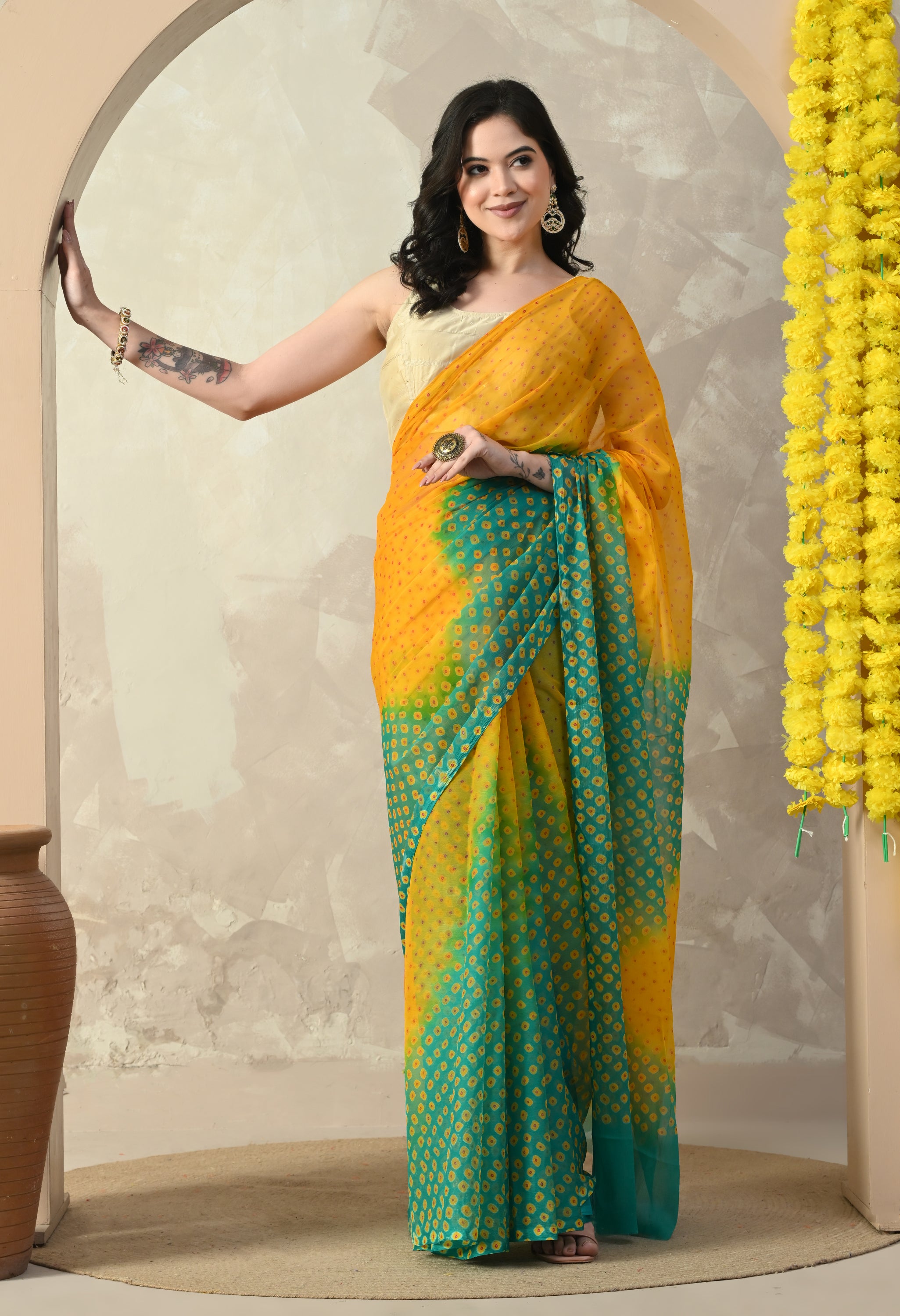 Yellow & Green Chiffon Bandhej Print Saree