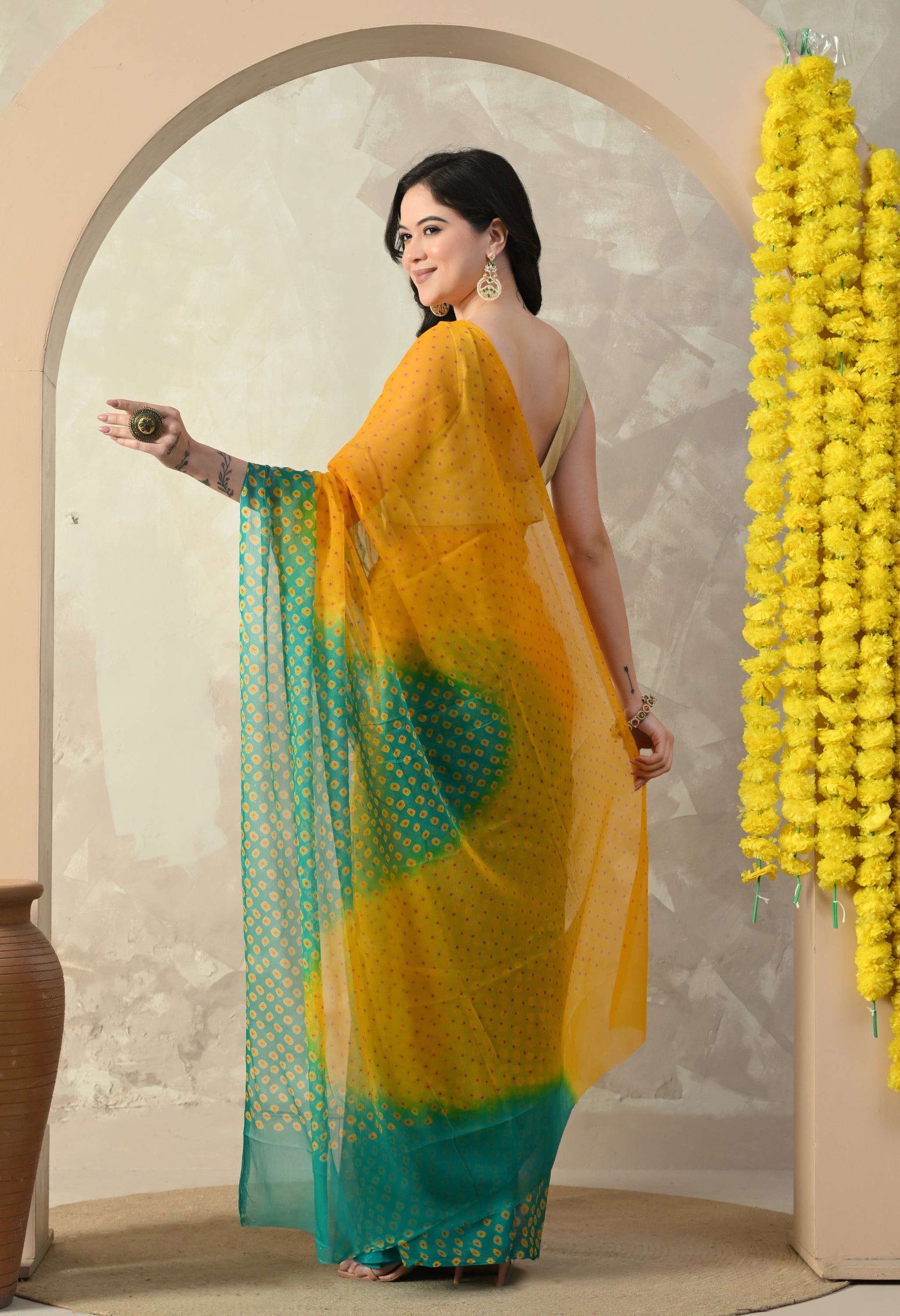 Yellow & Green Chiffon Bandhej Print Saree