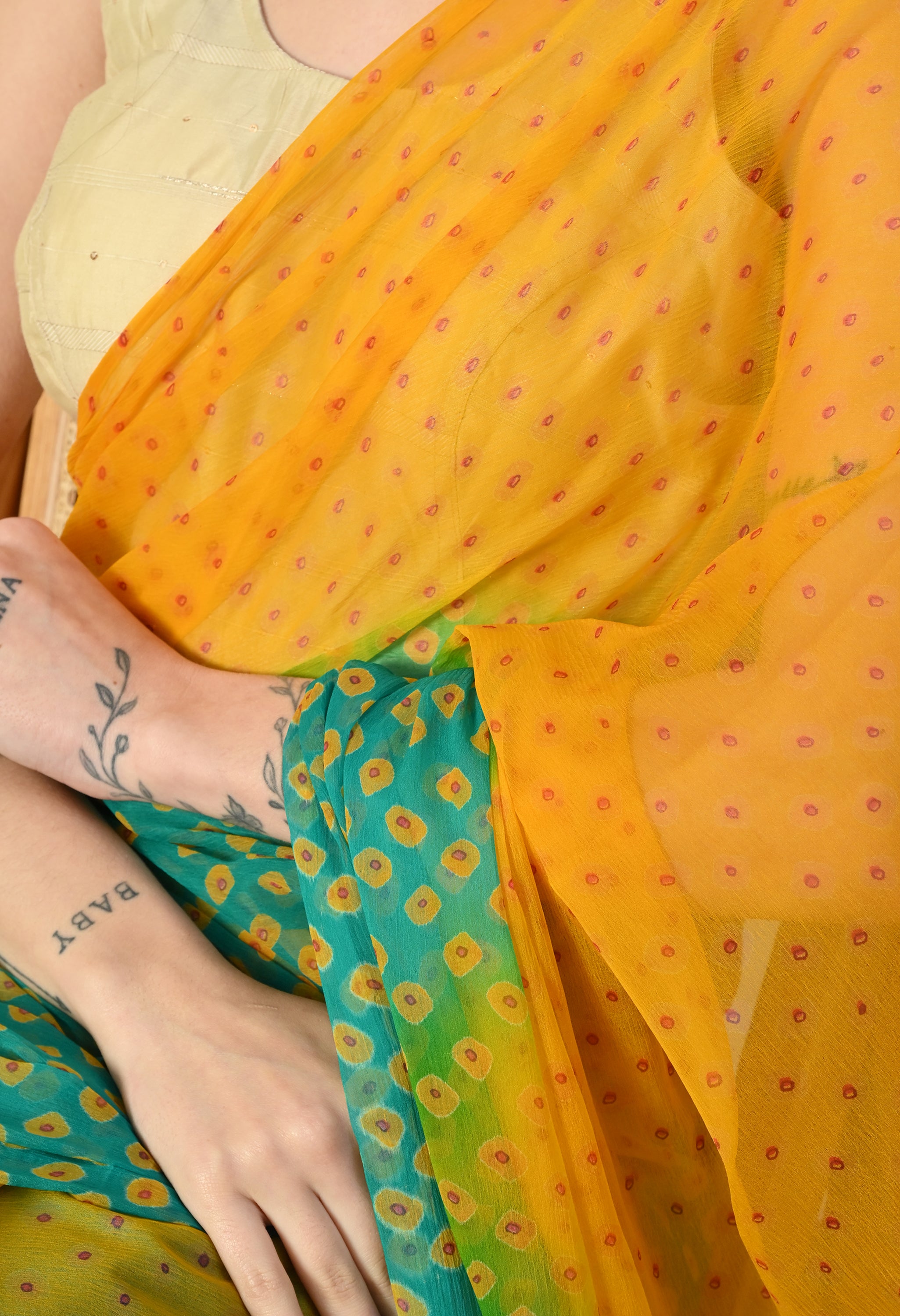 Yellow & Green Chiffon Bandhej Print Saree