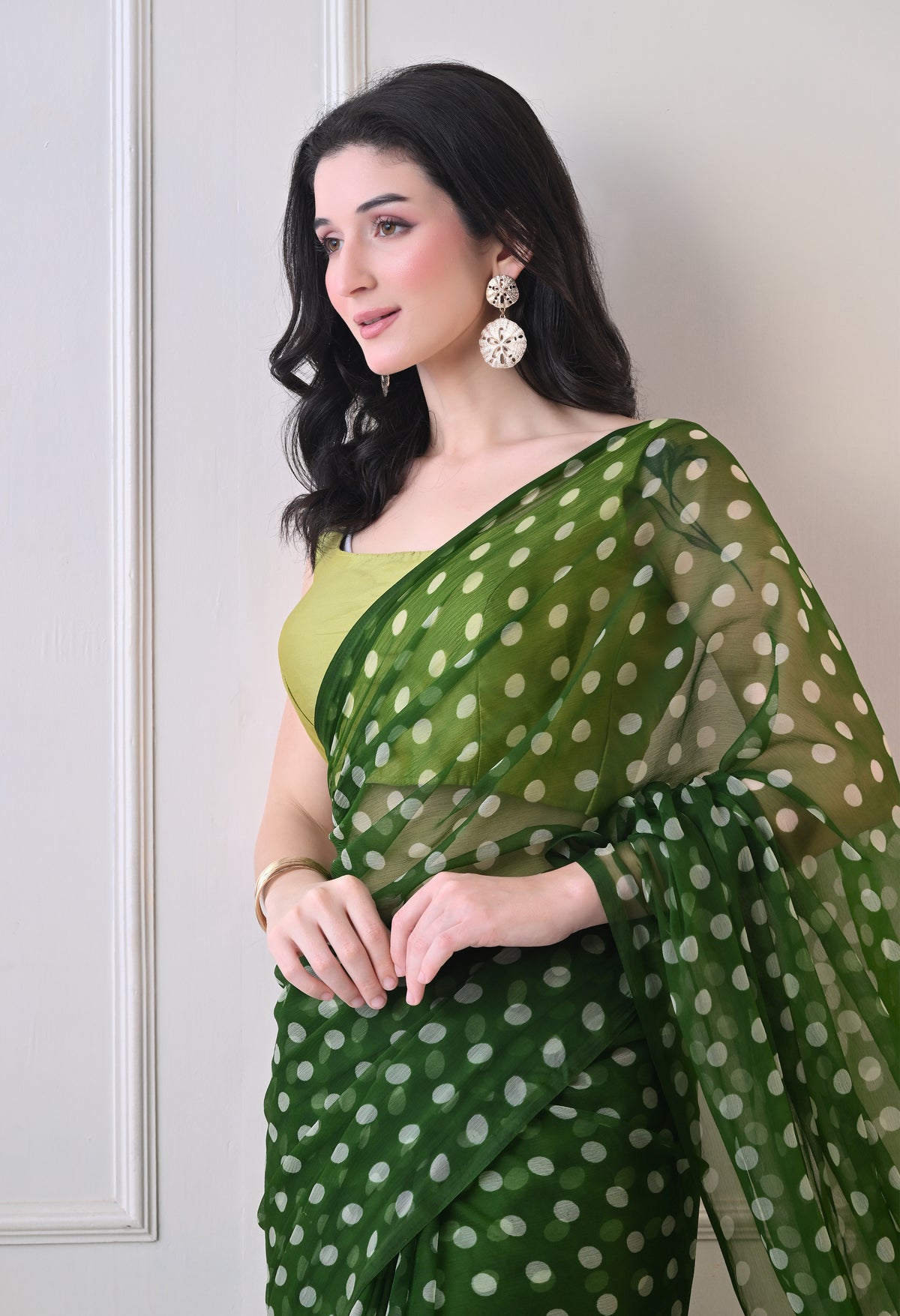 Moss Dot Italian Chiffon Saree