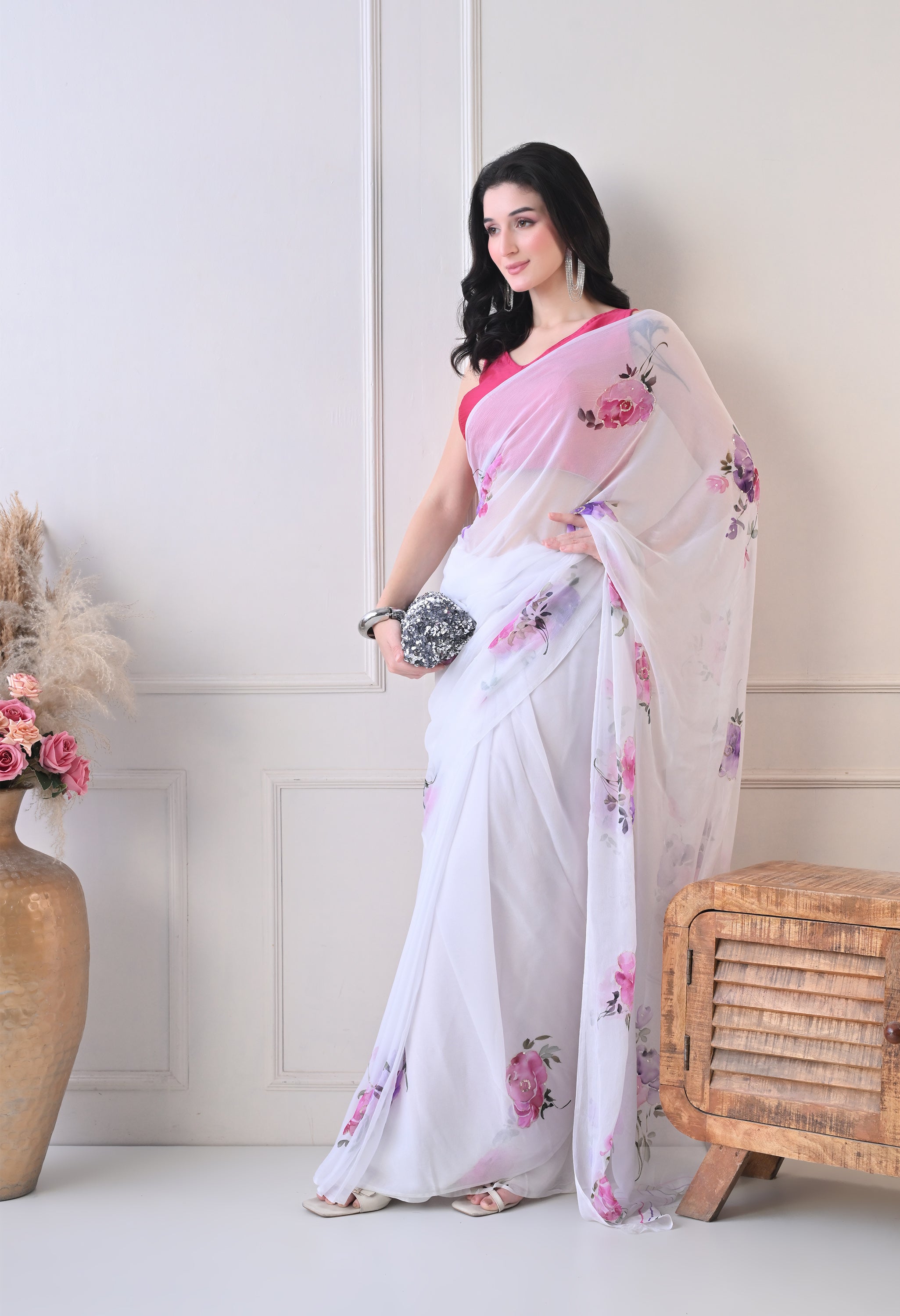 Ivory Botanical Handpainted Pure Chiffon Saree