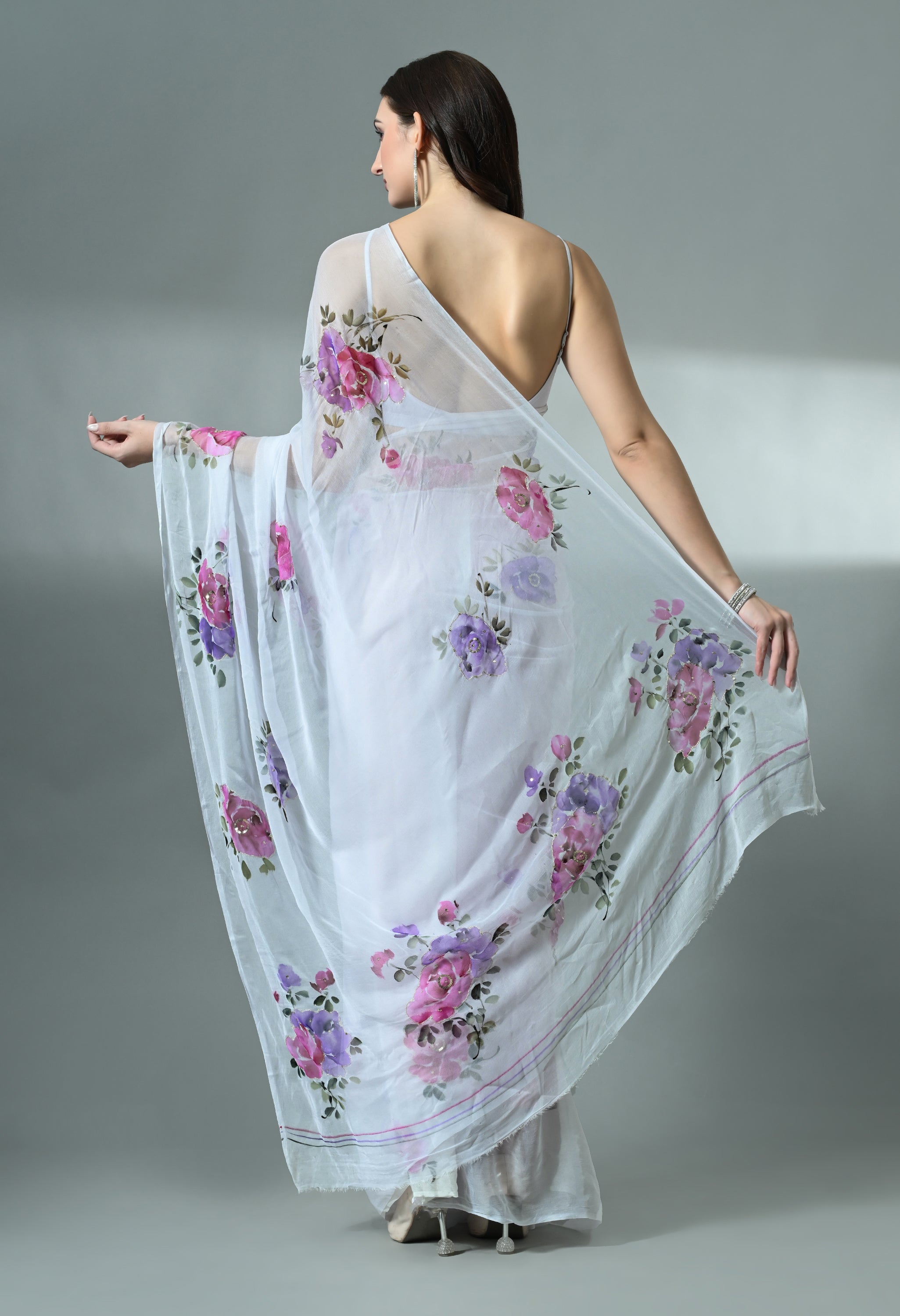 Moonlit Petals Handpainted Pure Chiffon Saree