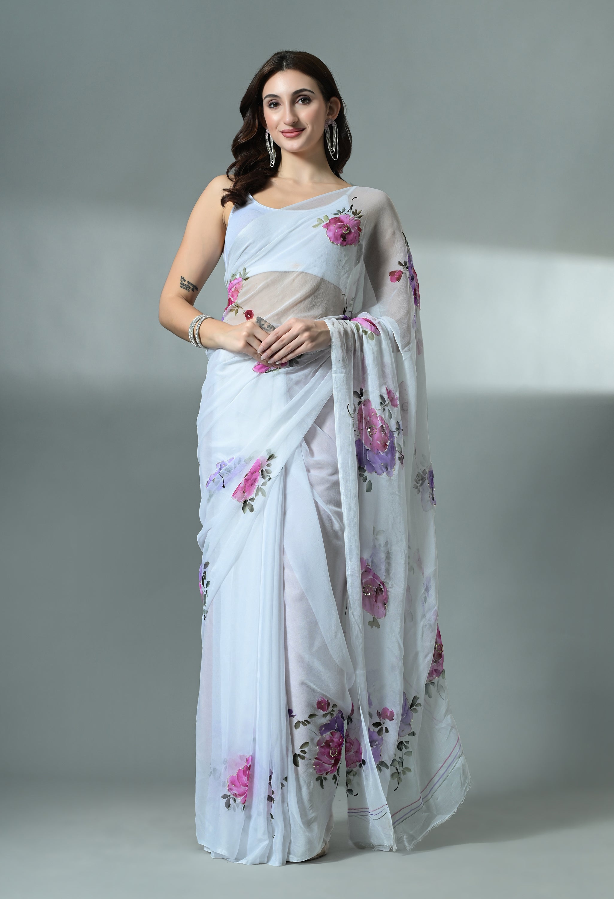 Moonlit Petals Handpainted Pure Chiffon Saree