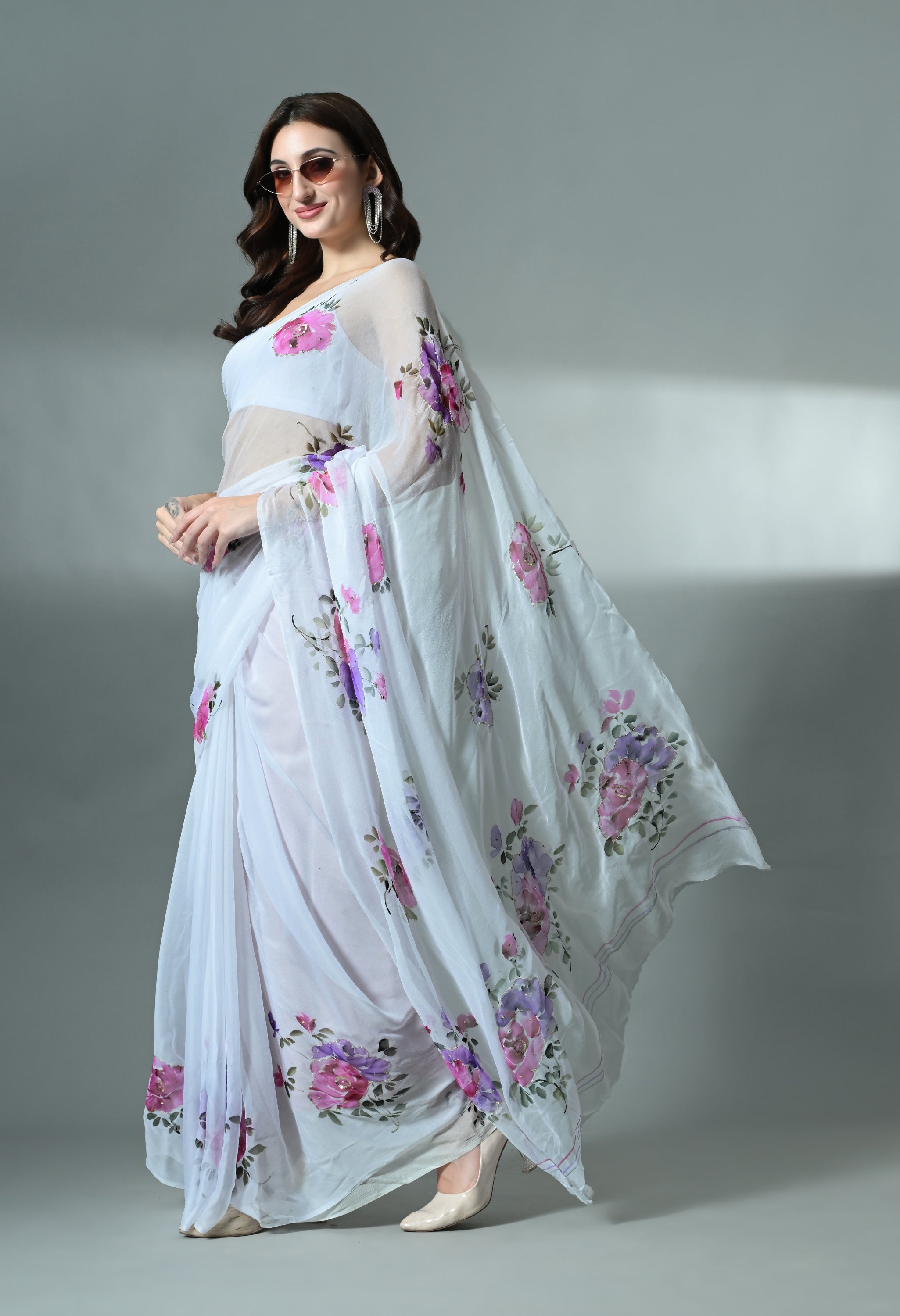 Moonlit Petals Handpainted Pure Chiffon Saree