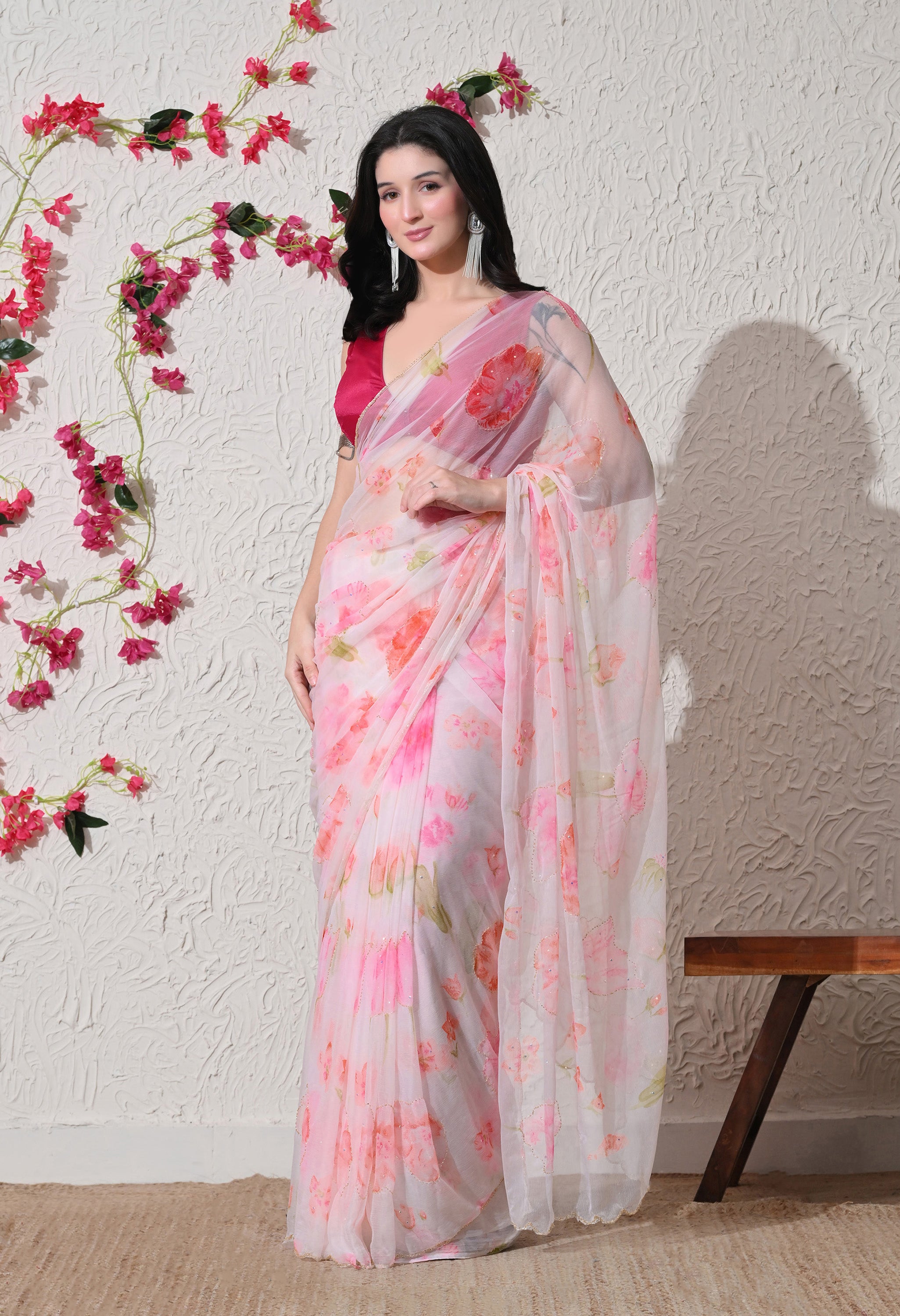 White Italian Chiffon Floral Printed Saree