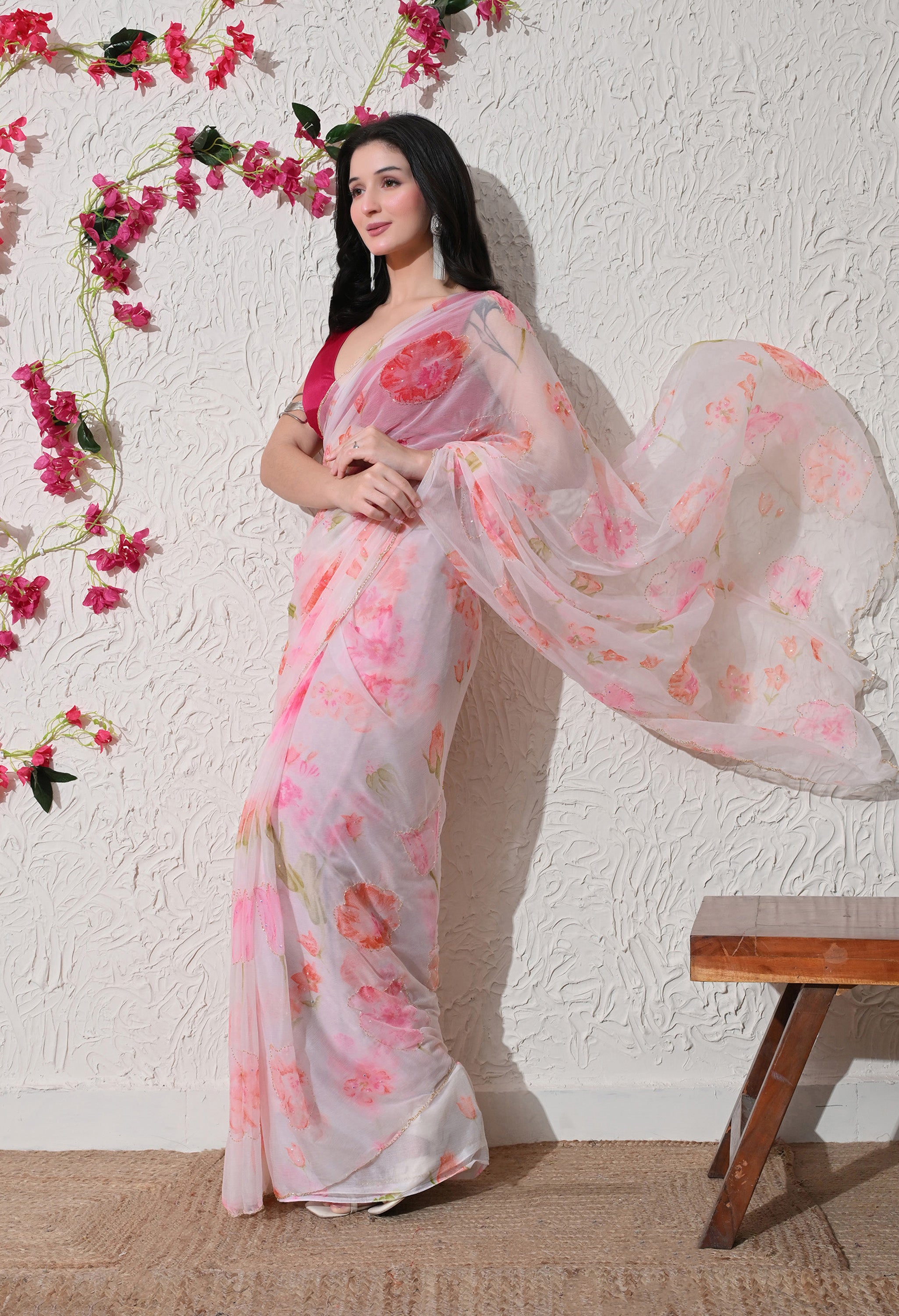 White Italian Chiffon Floral Printed Saree