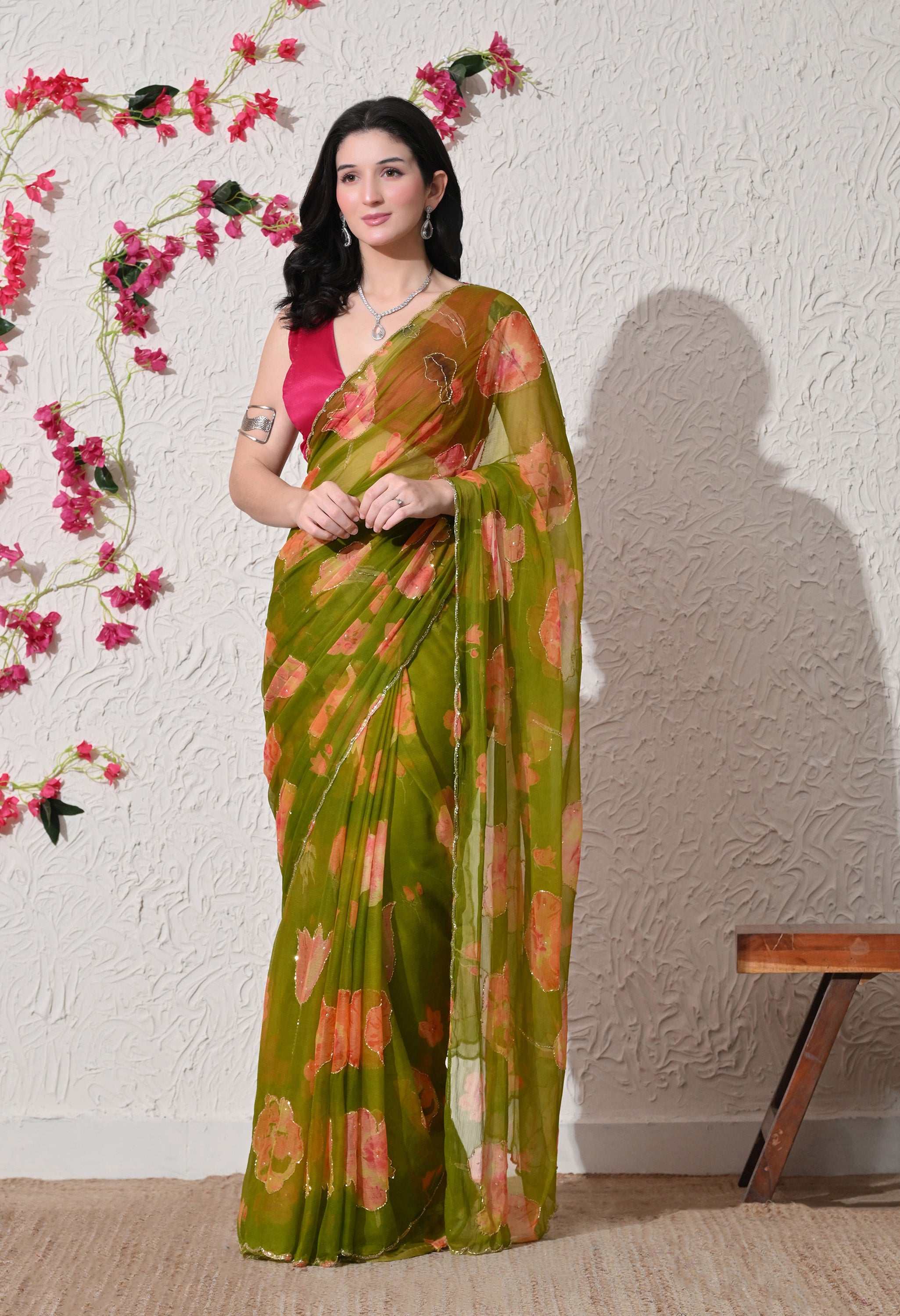 Olive Bloom Digital Printed Italian Chiffon Saree