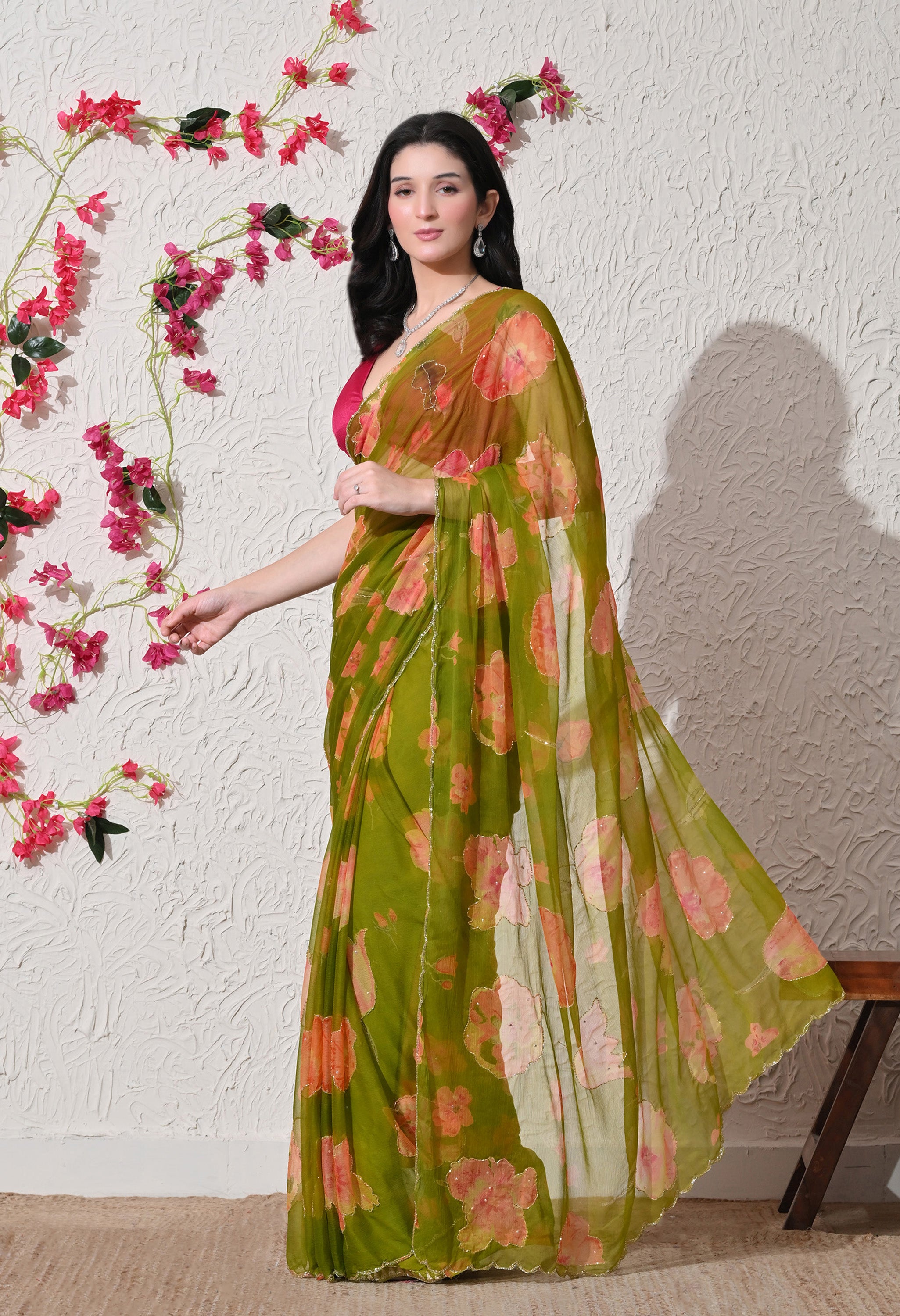 Olive Bloom Digital Printed Italian Chiffon Saree