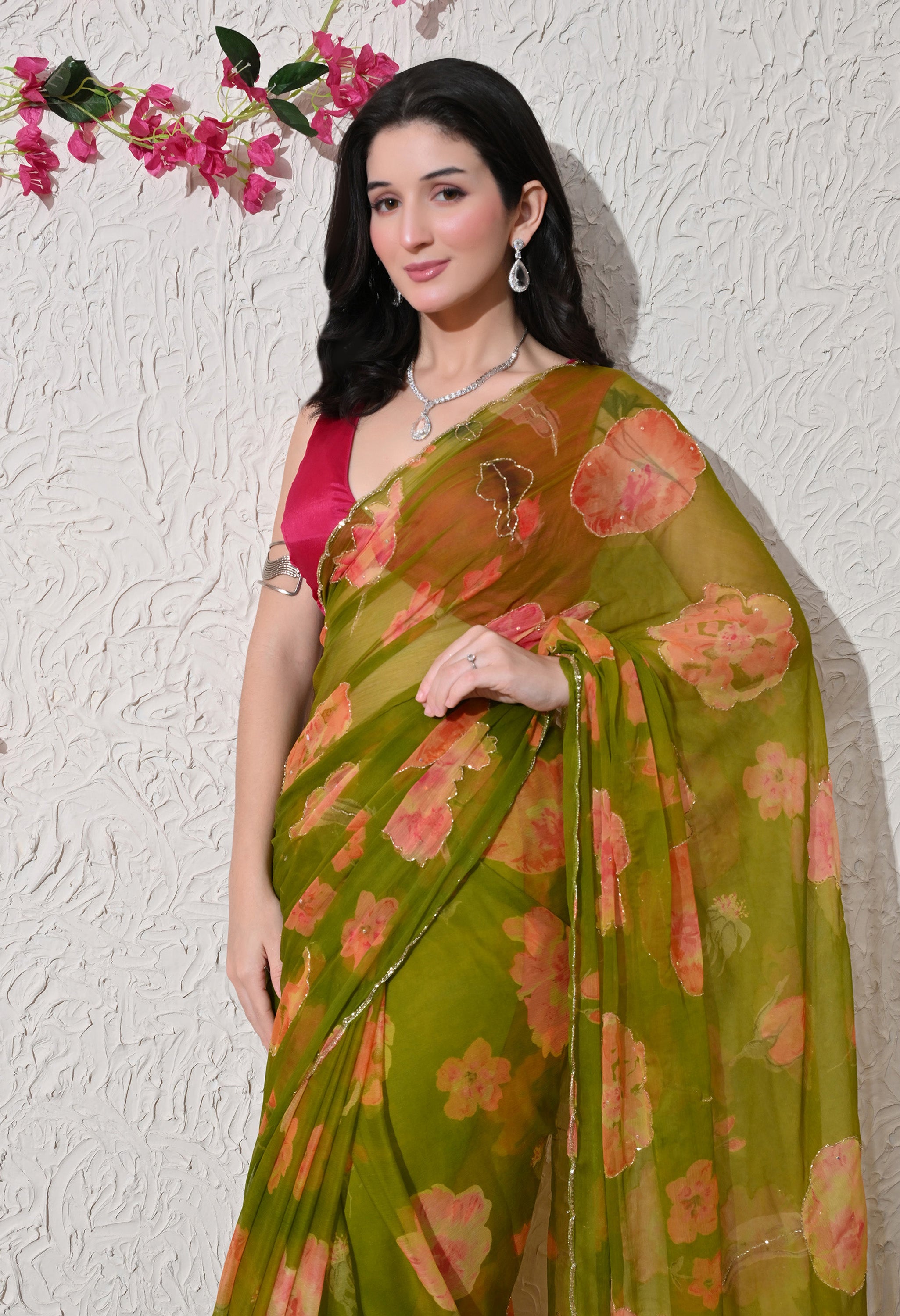 Olive Bloom Digital Printed Italian Chiffon Saree