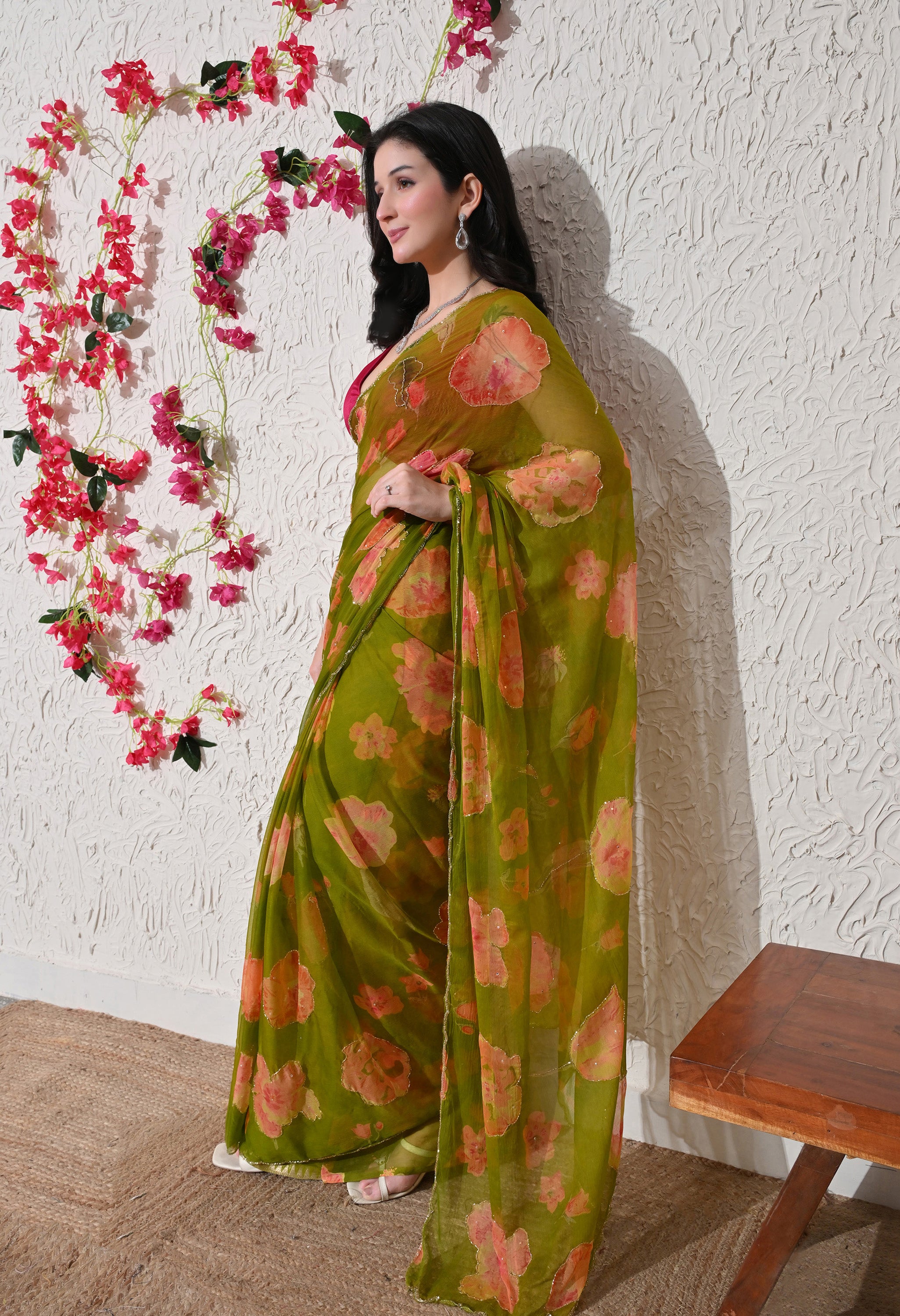 Olive Bloom Digital Printed Italian Chiffon Saree