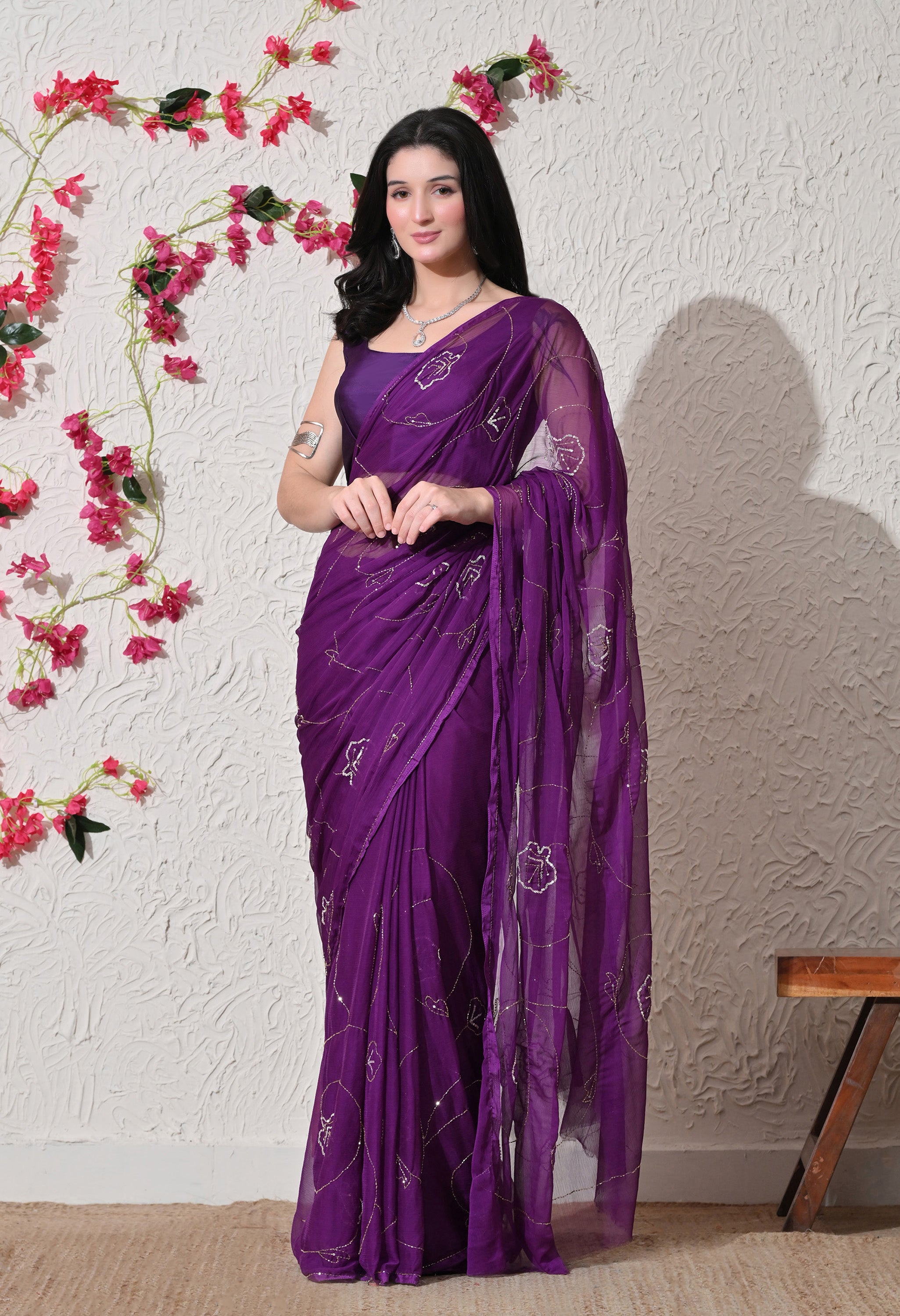 Royal Amethyst Italian Chiffon Jaal Work Saree