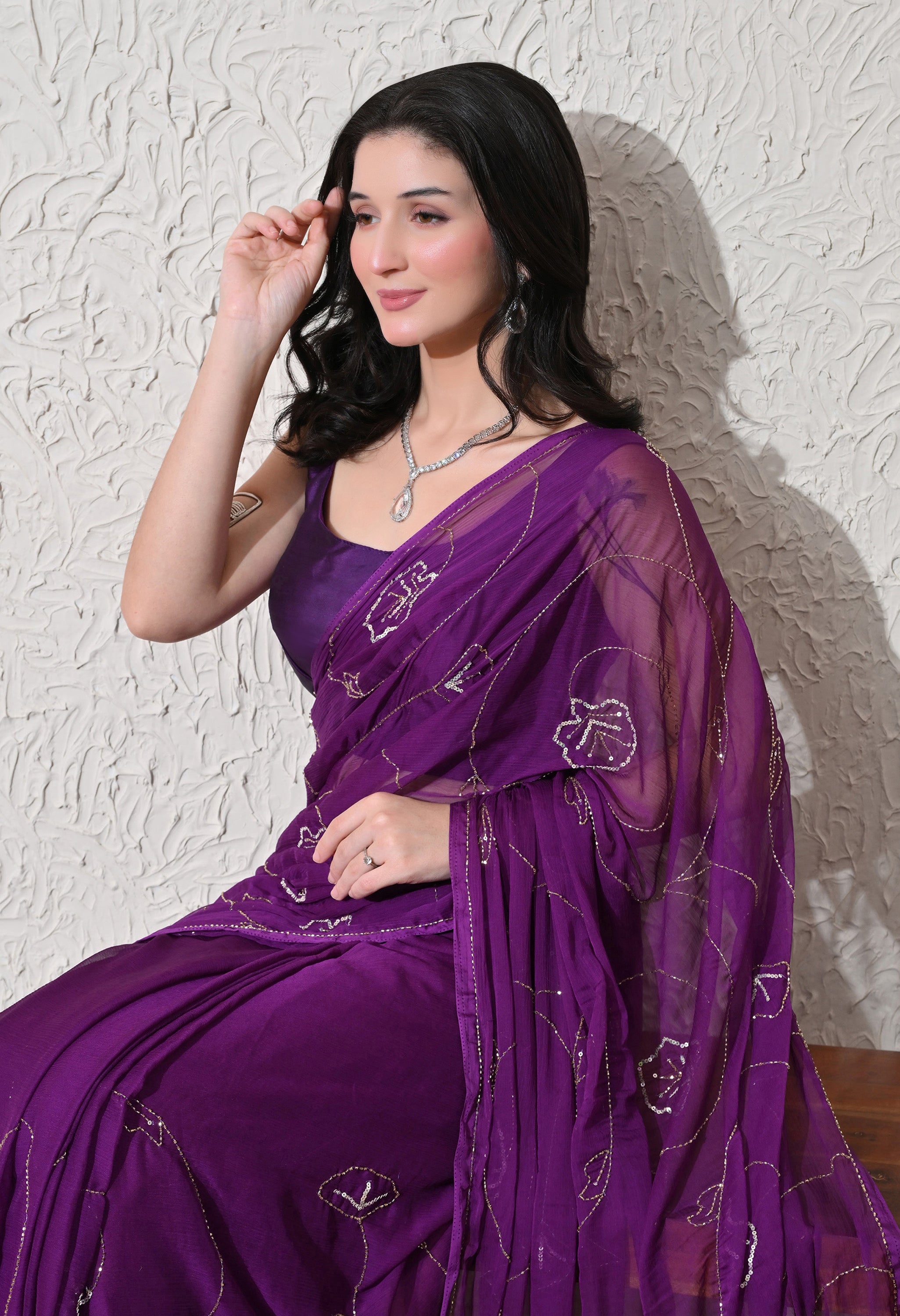 Royal Amethyst Italian Chiffon Jaal Work Saree