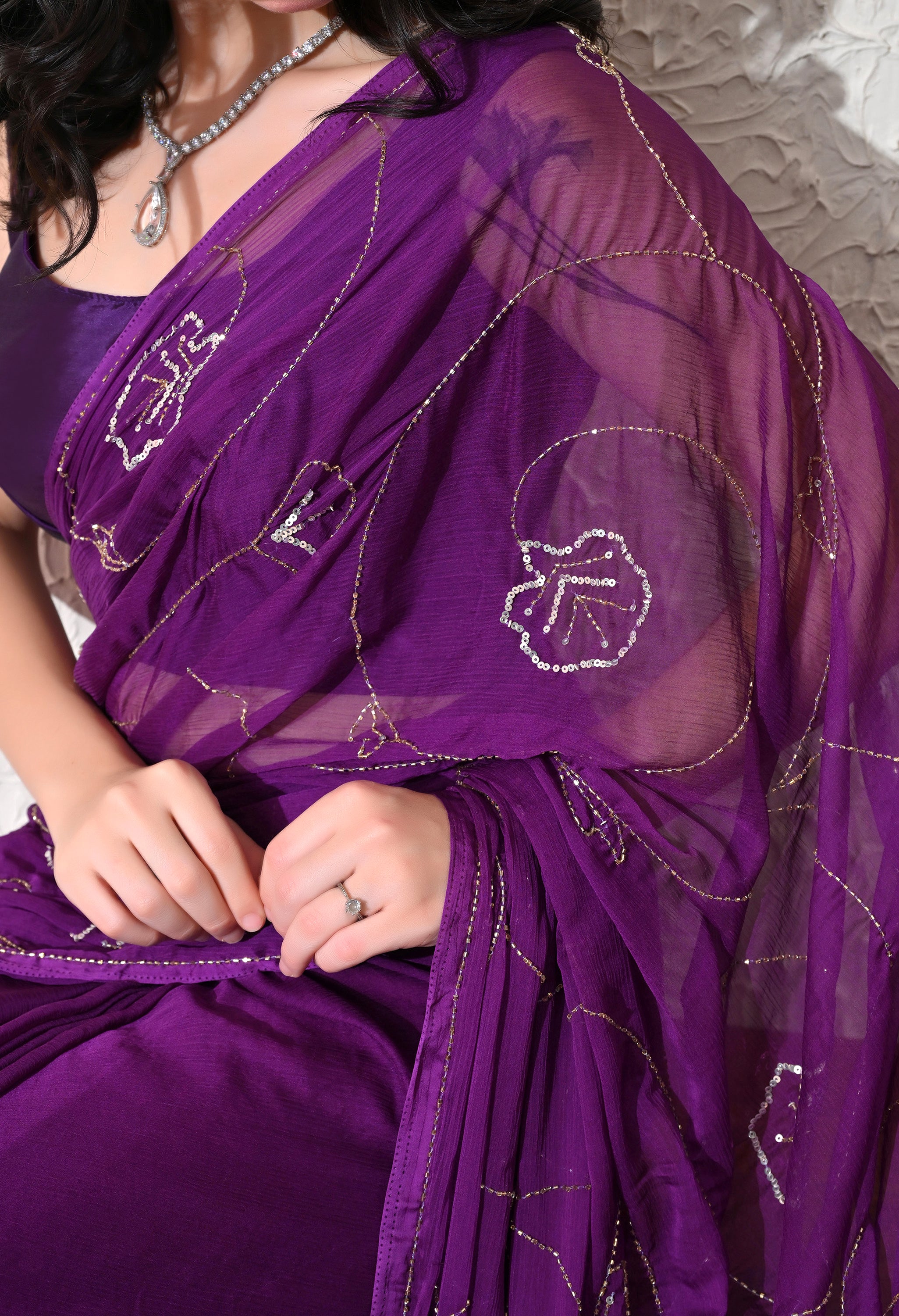 Royal Amethyst Italian Chiffon Jaal Work Saree
