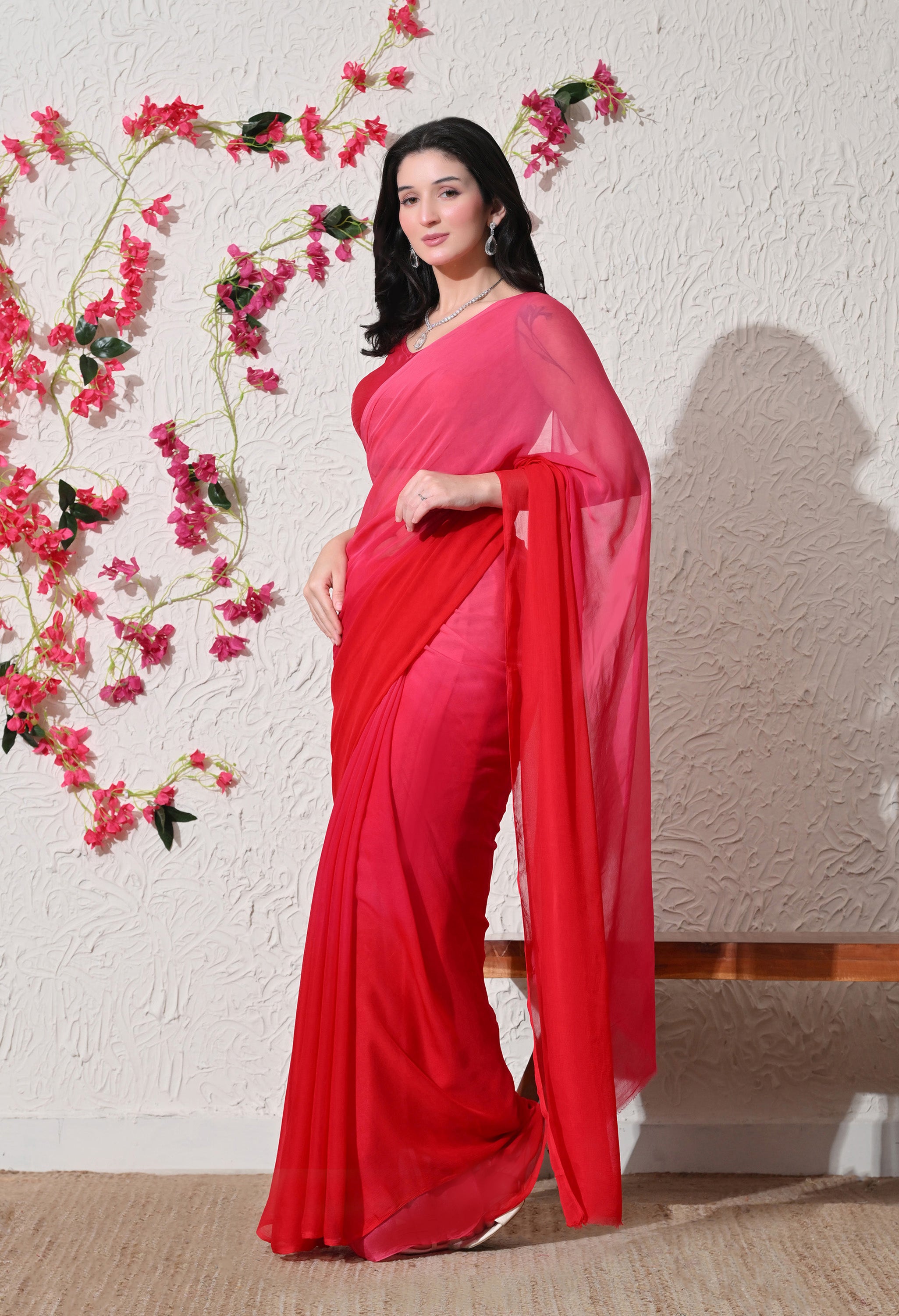 Crimson Glow Pure Chiffon Saree