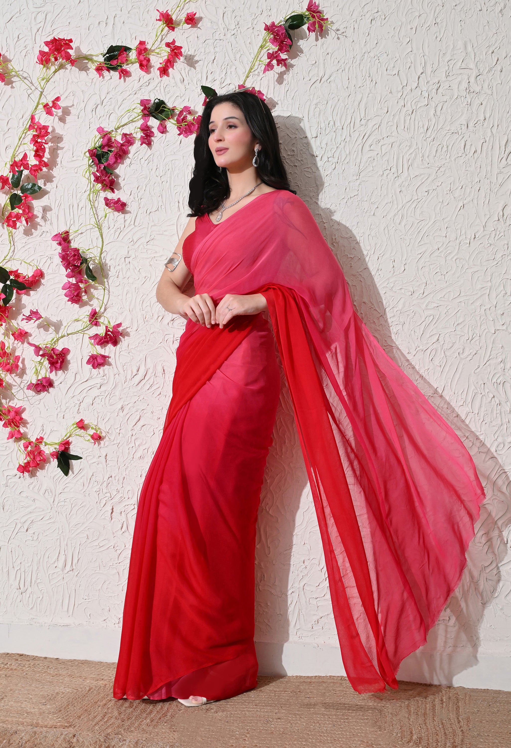 Crimson Glow Pure Chiffon Saree