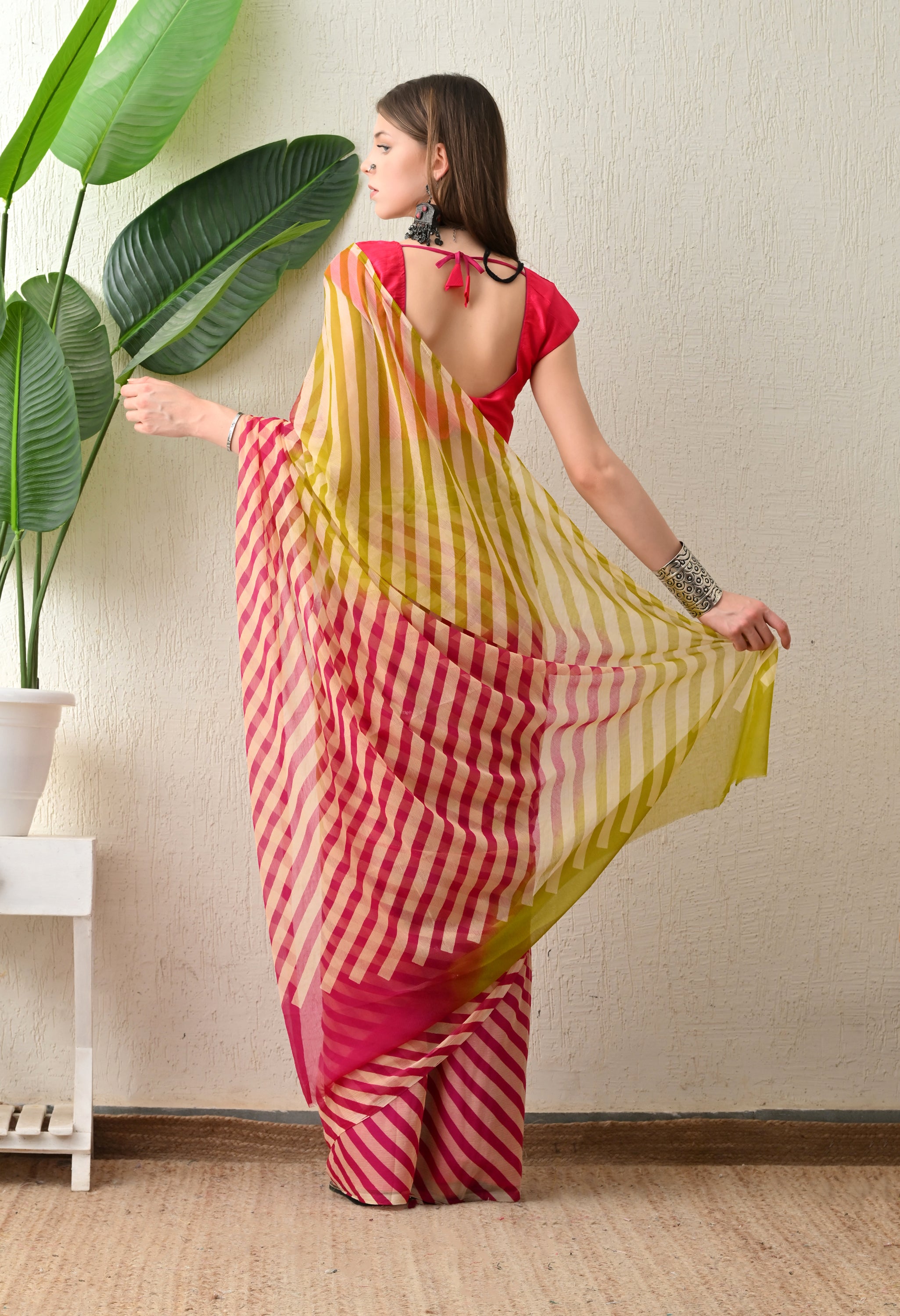 Red Flame Tie & Dye Leheriya Chiffon Saree