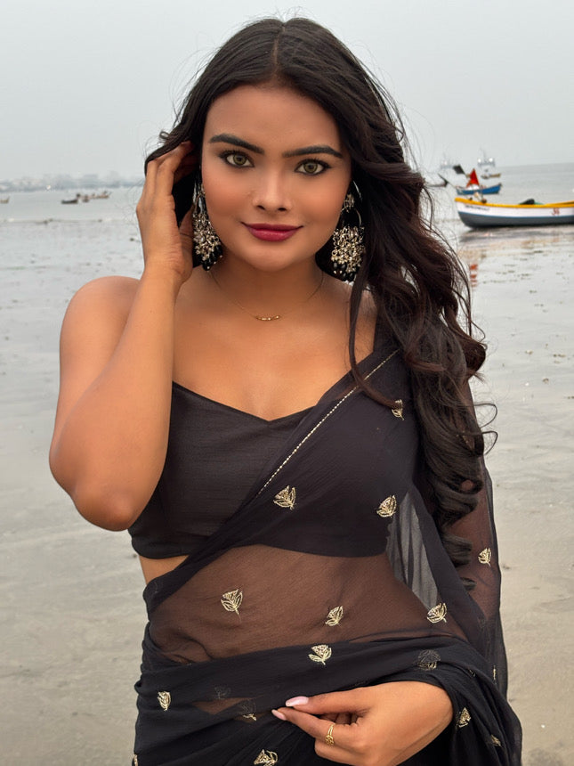 Charcoal Black Boota Chiffon Saree