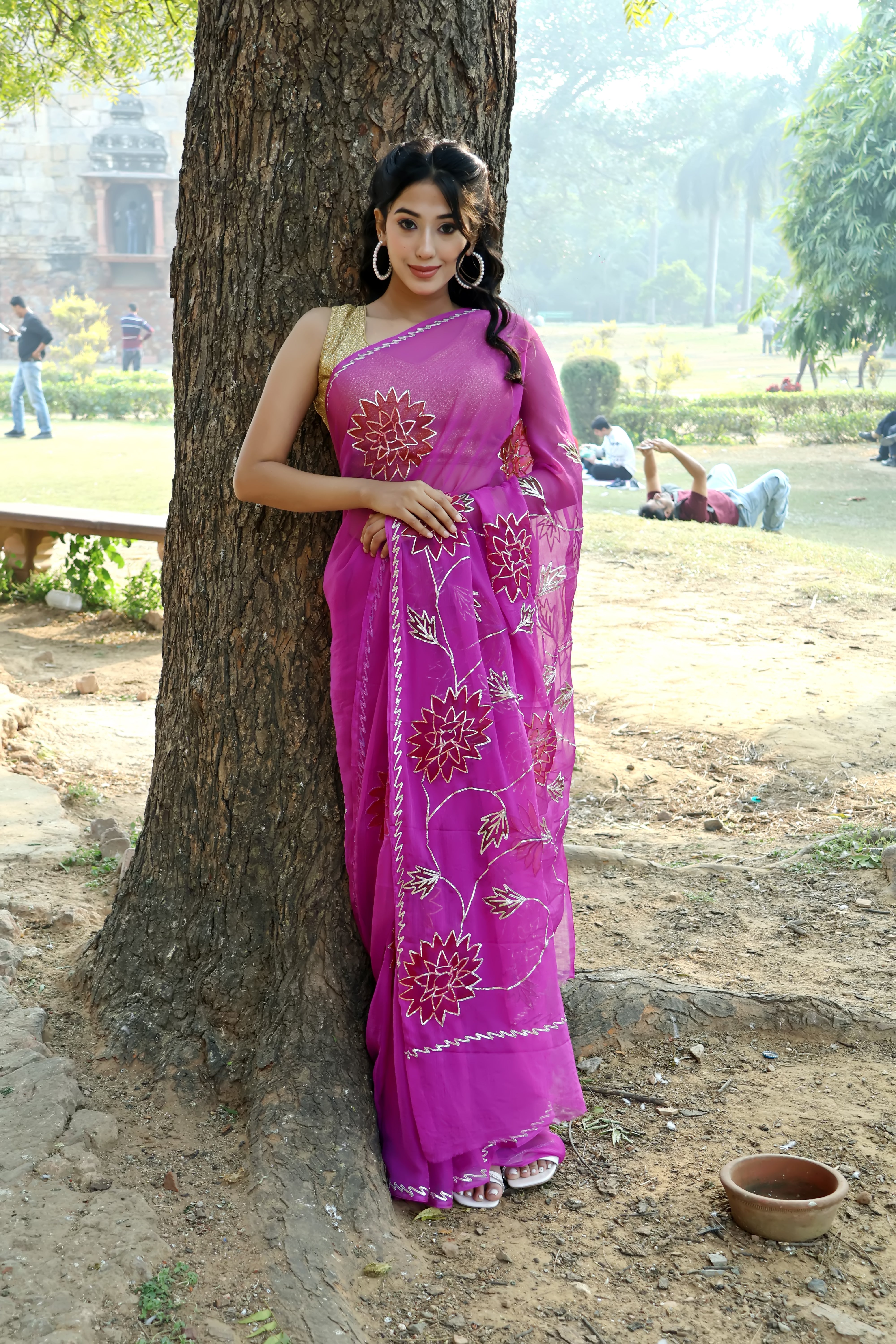 Purple Razzle Hand Painted Gota chiffon saree styled as festive wear, daily wear saree, and party wear saree.