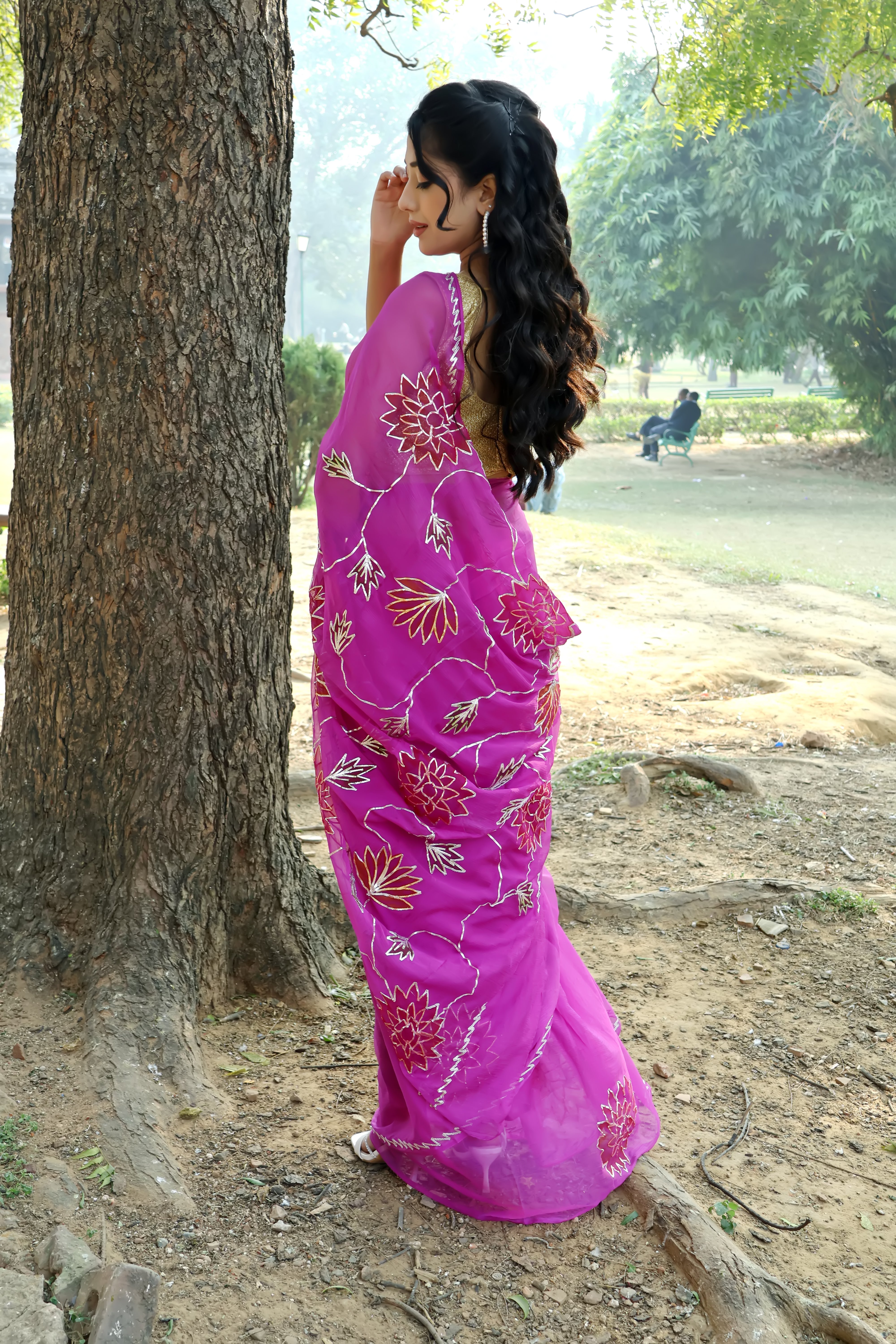 Purple Razzle Hand Painted Gota chiffon saree styled as festive wear, daily wear saree, and party wear saree.