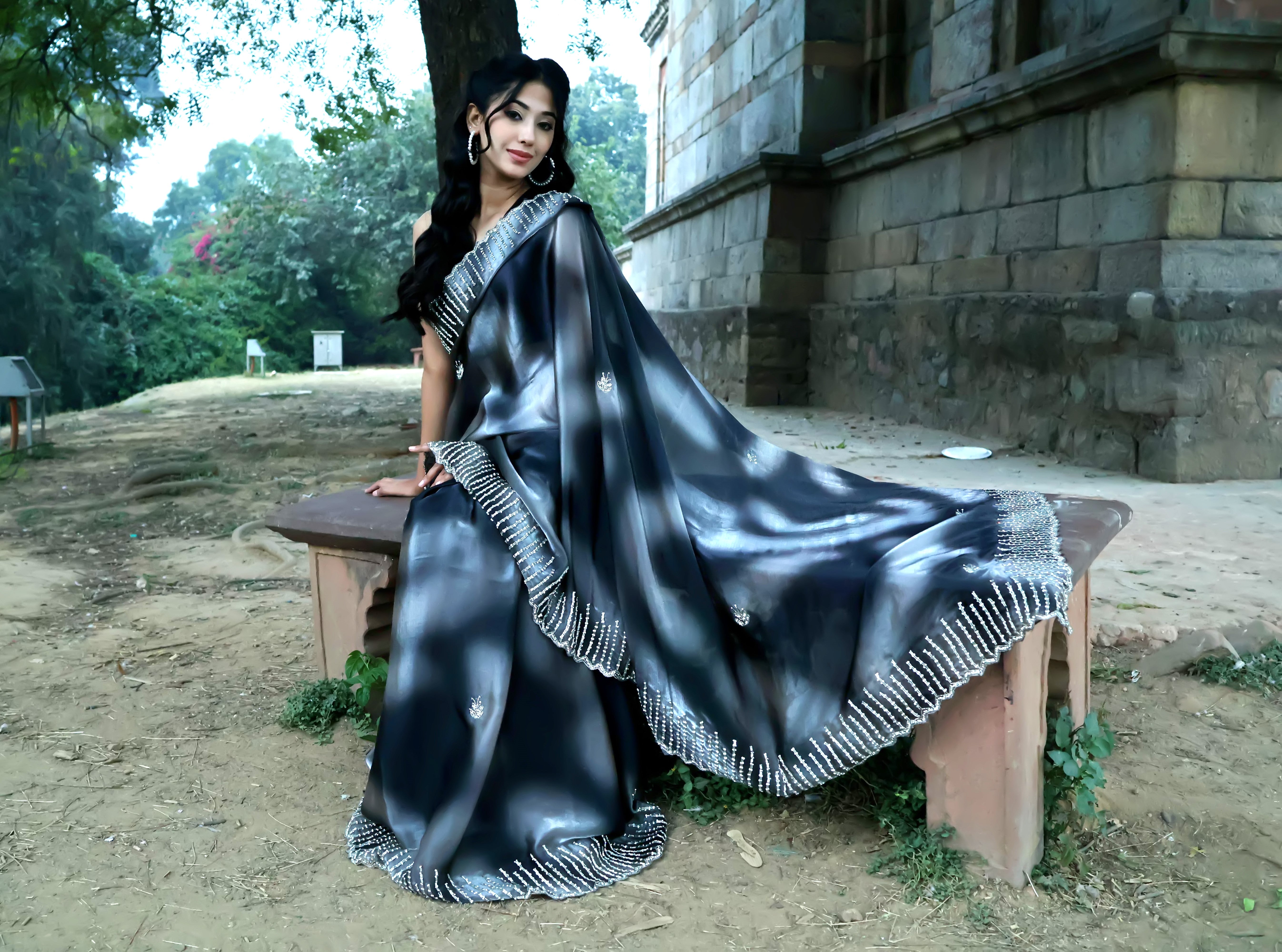 Zebra Black Heavy Embellished Saree