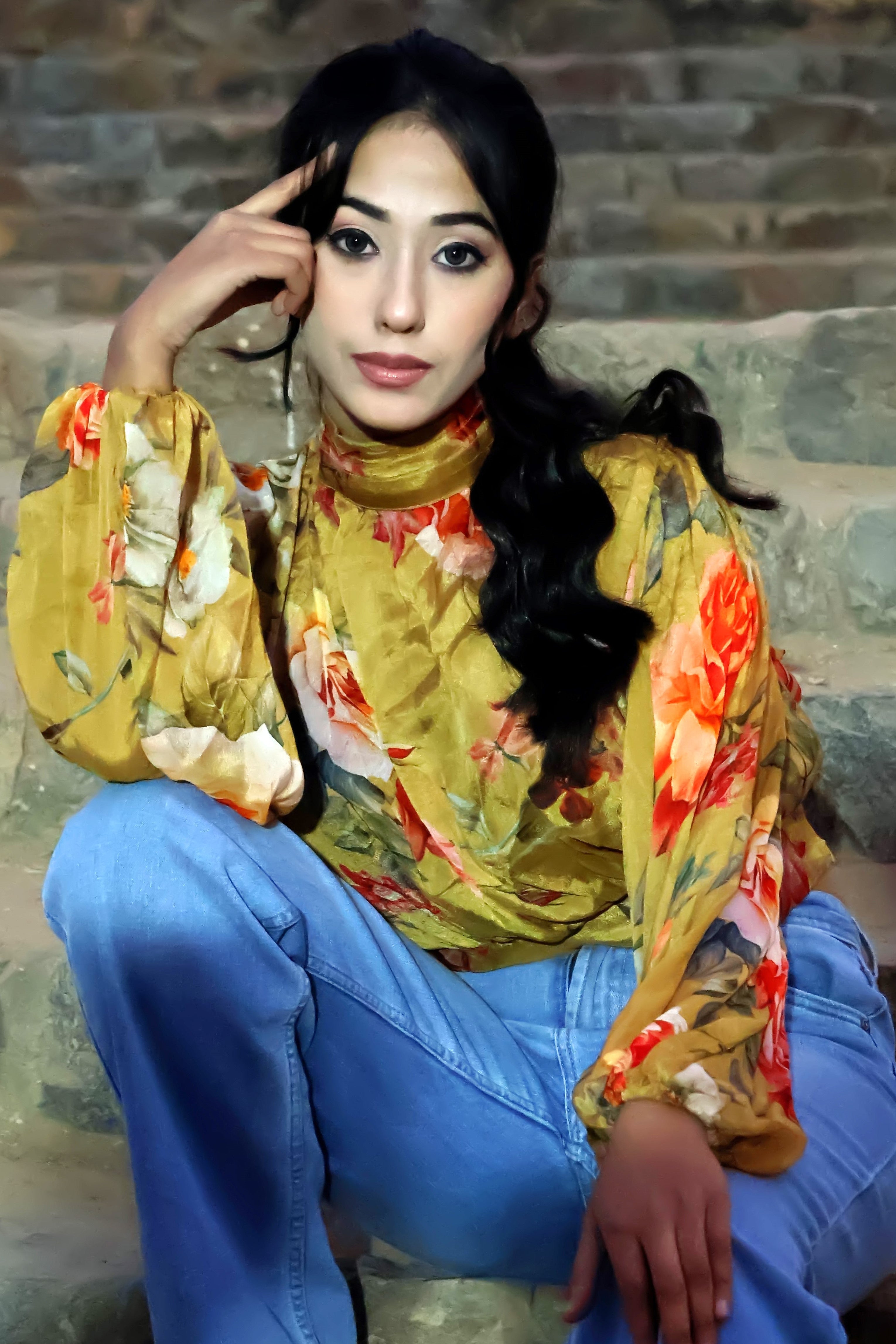 Mustard Floral Chinnon Top