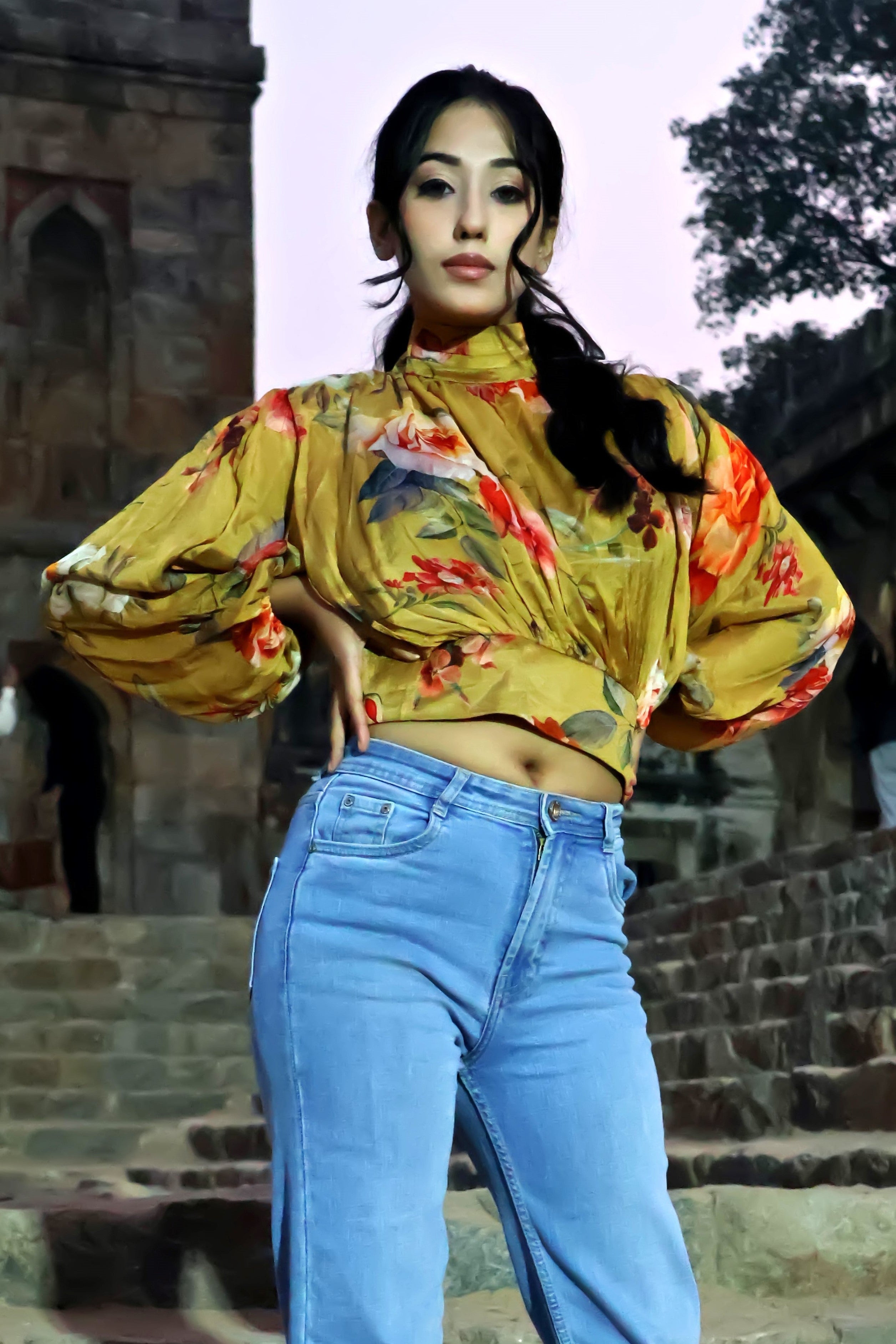 Mustard Floral Chinnon Top