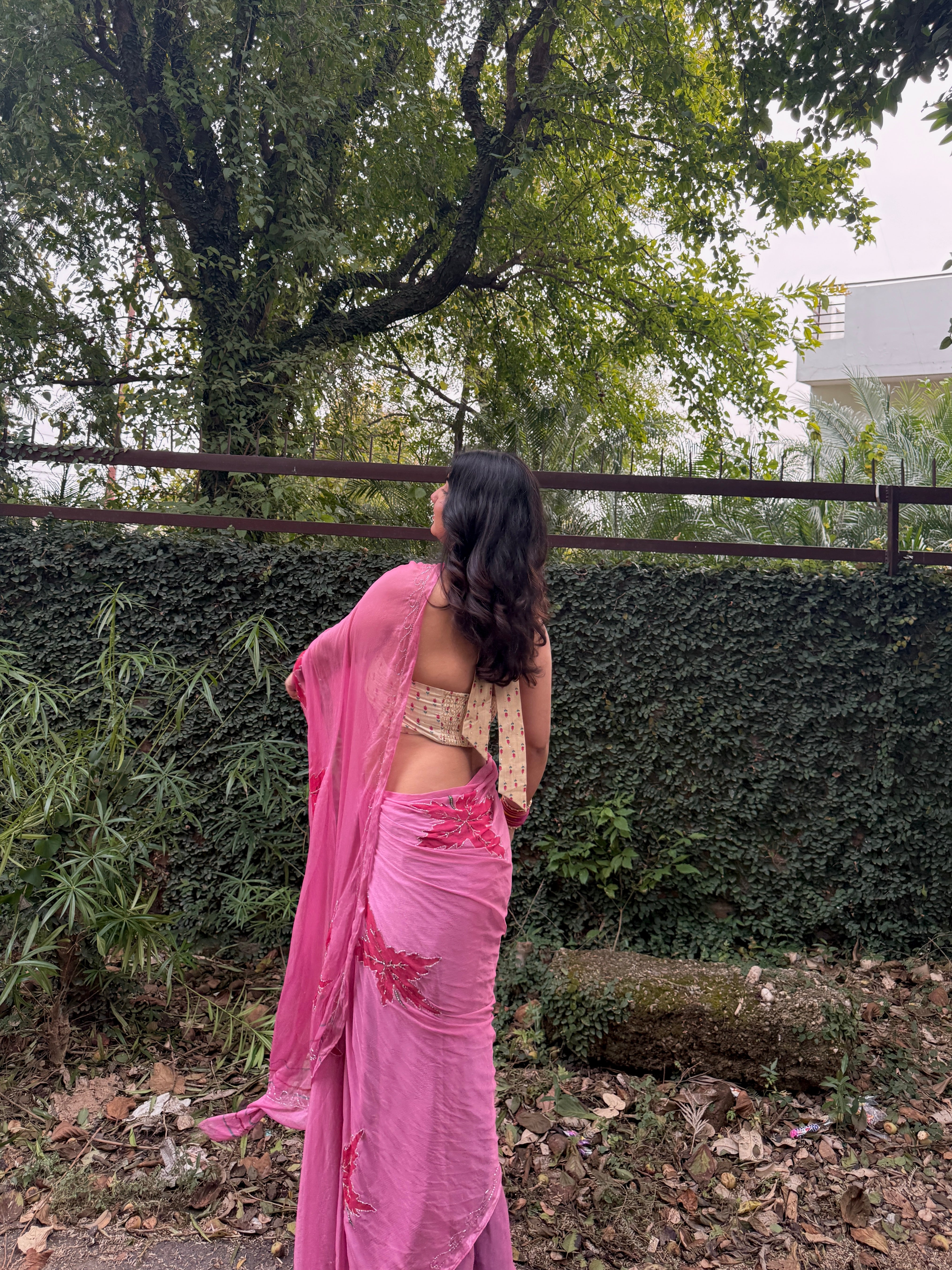 Rose Blush Pink Hand Brushed Chiffon Saree