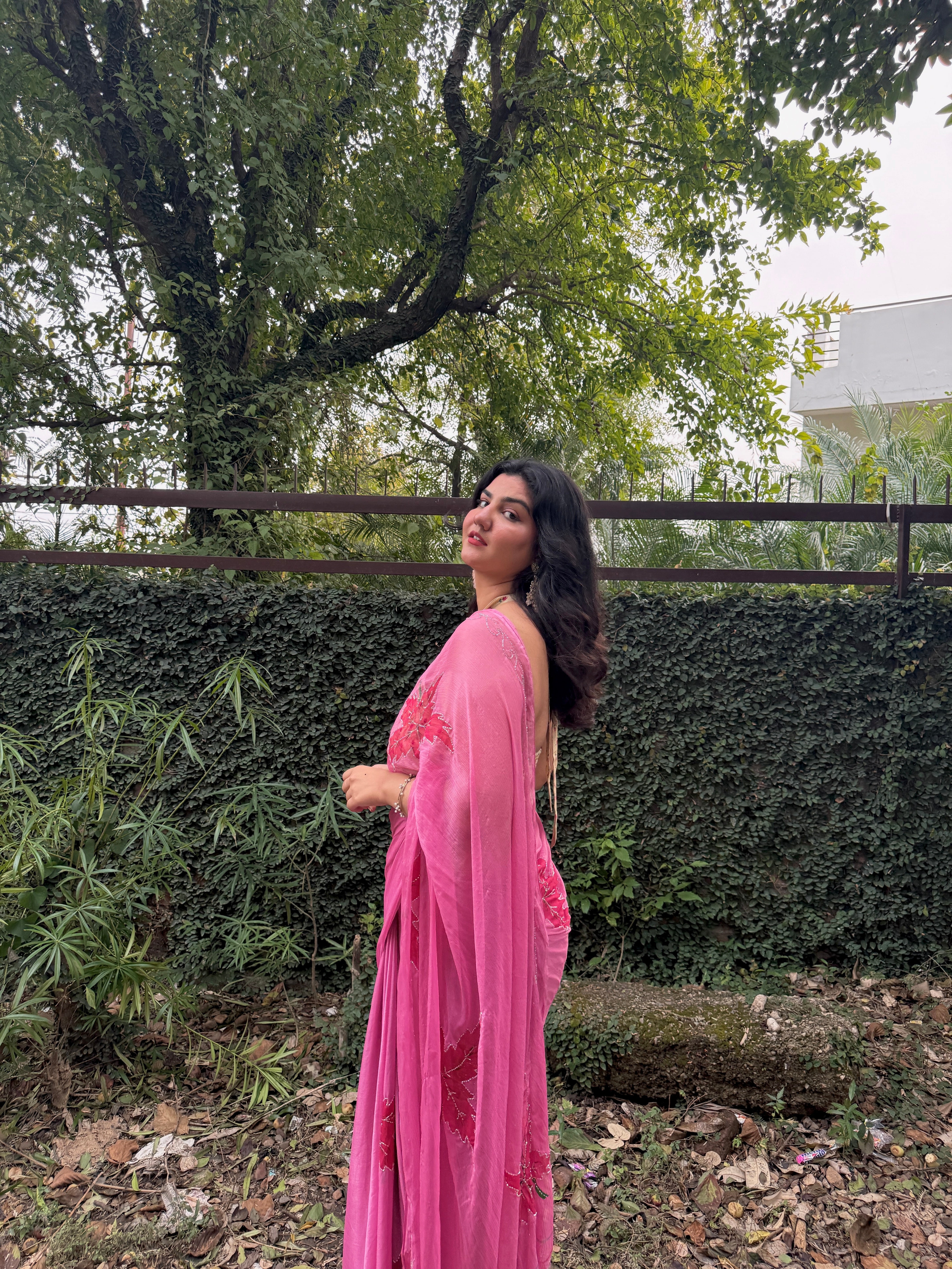 Rose Blush Pink Hand Brushed Chiffon Saree