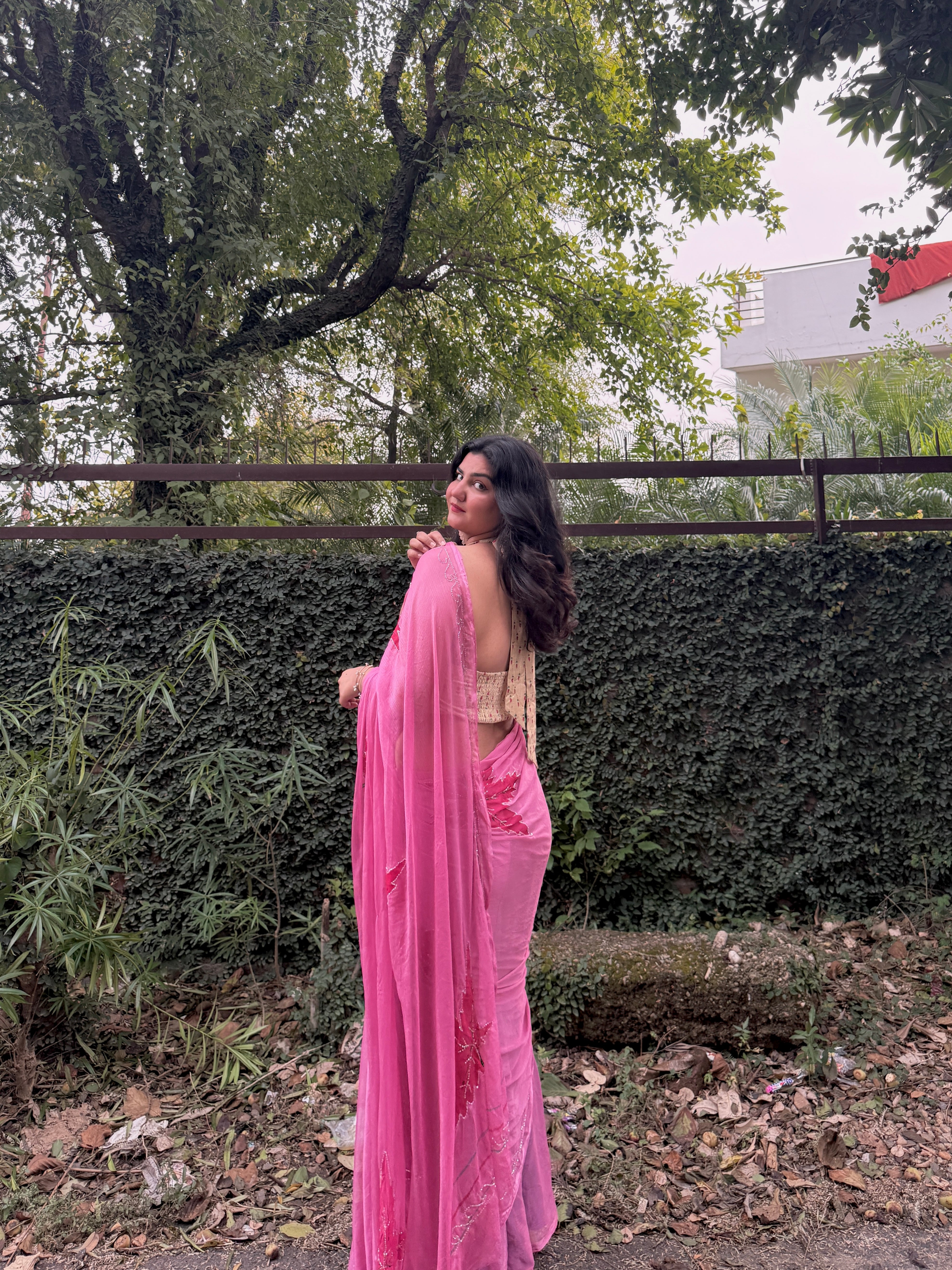 Rose Blush Pink Hand Brushed Chiffon Saree