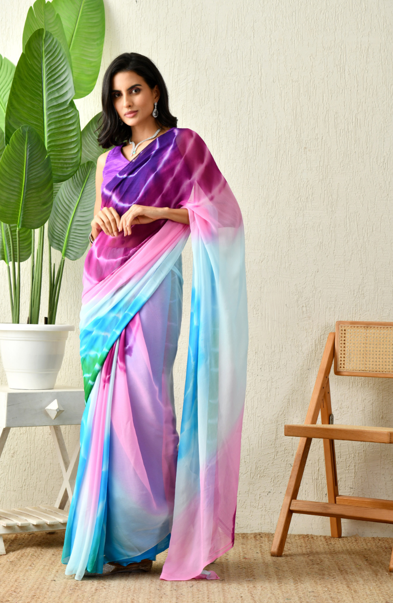 pre-wedding saree  bridal trousseau 2025  chiffon sarees for brides  hand-painted chiffon sarees  tie-dye chiffon saree  haldi and mehendi saree ideas  wedding saree trends 2025  the house of chiffon saree collection